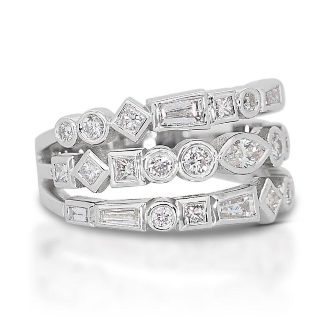 Adding to the ring's brilliance is a vibrant ensemble of smaller diamonds, showcasing various cuts for a captivating interplay of light. Thirteen round brilliant diamonds, totaling 0.27 carats, flank the marquise with their classic sparkle. Eleven