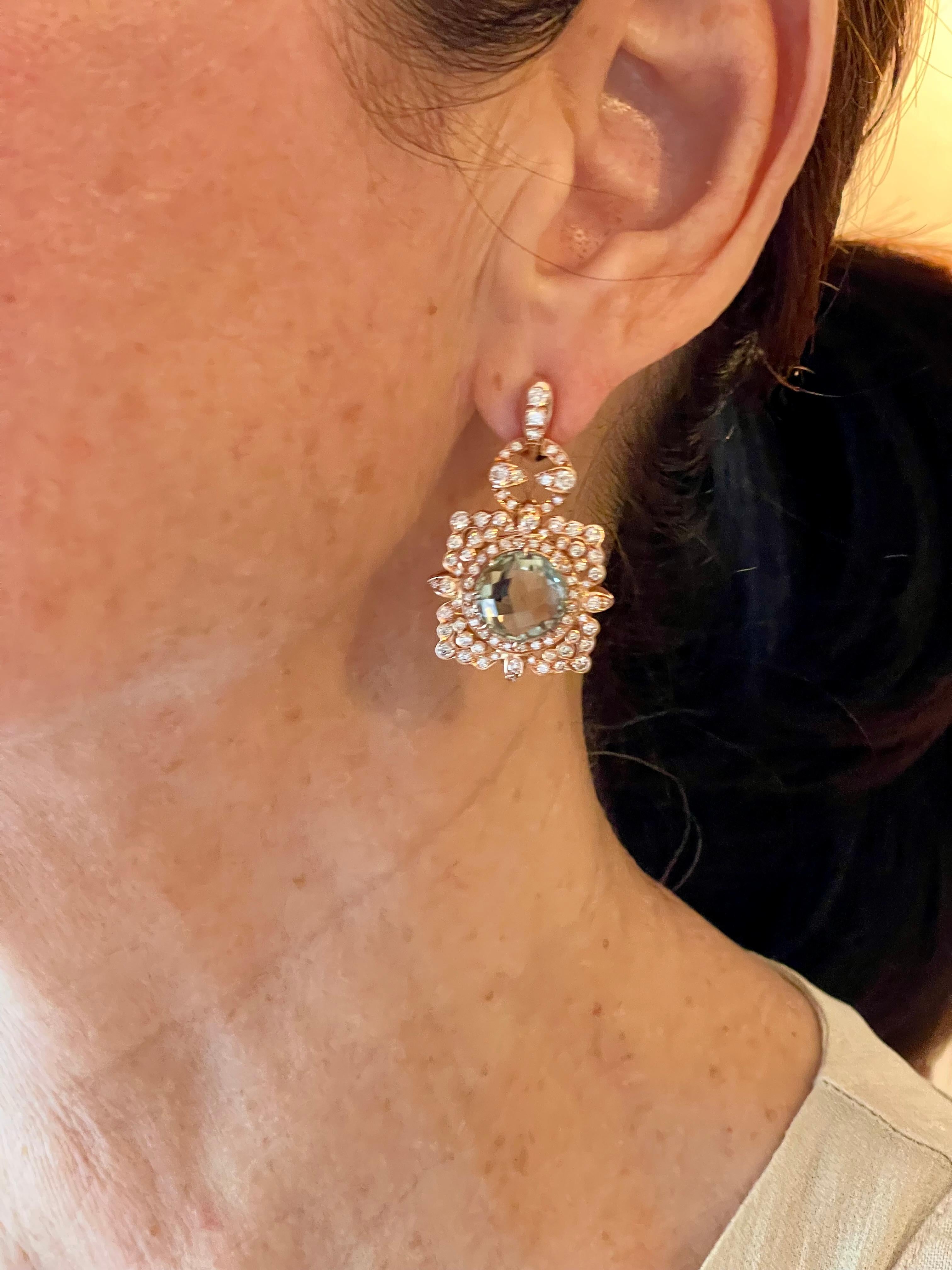 Orecchini intricati in oro rosa 18 K. con diamante e prasiolite in vendita 7
