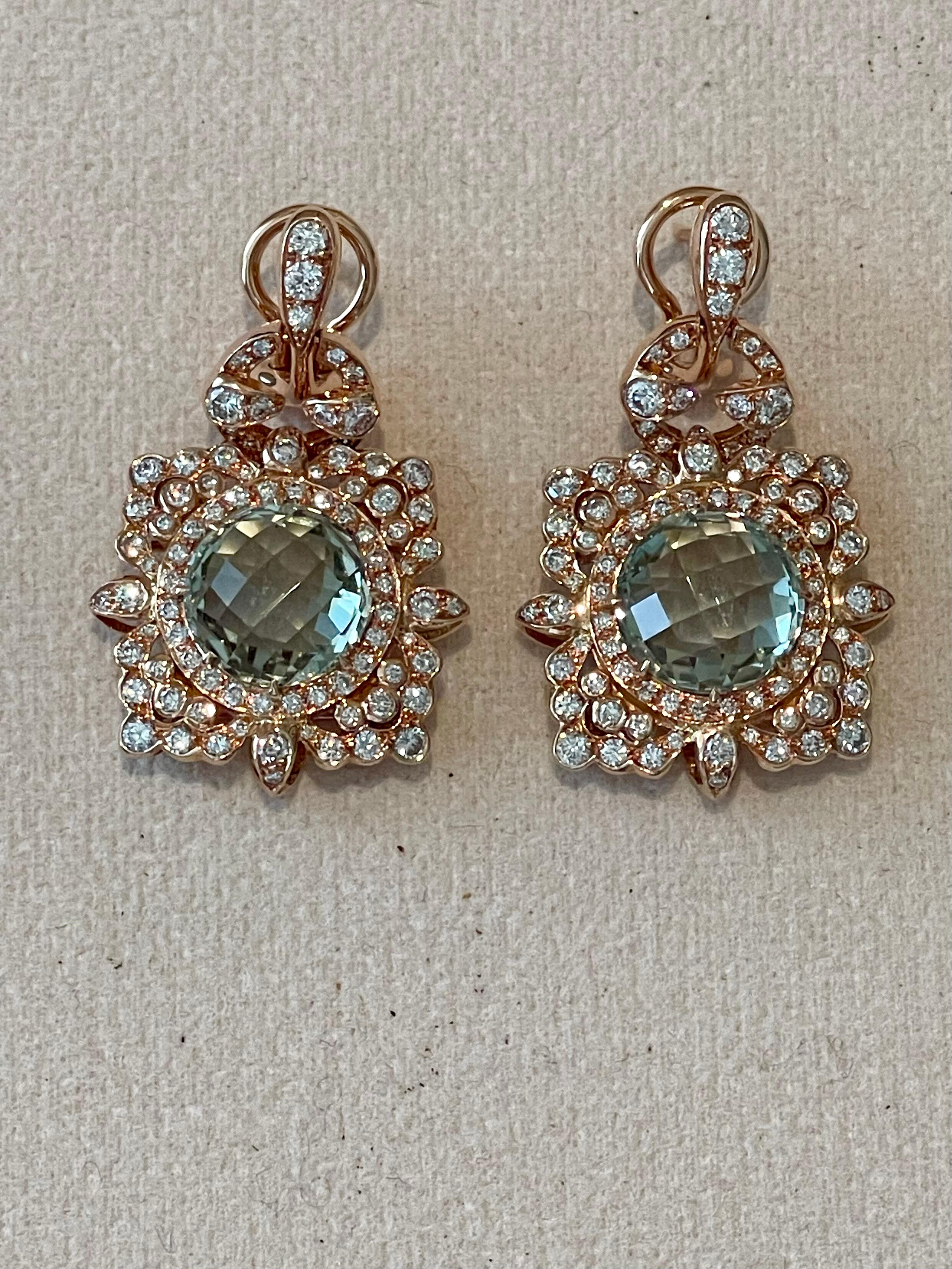 Orecchini intricati in oro rosa 18 K. con diamante e prasiolite in vendita 1
