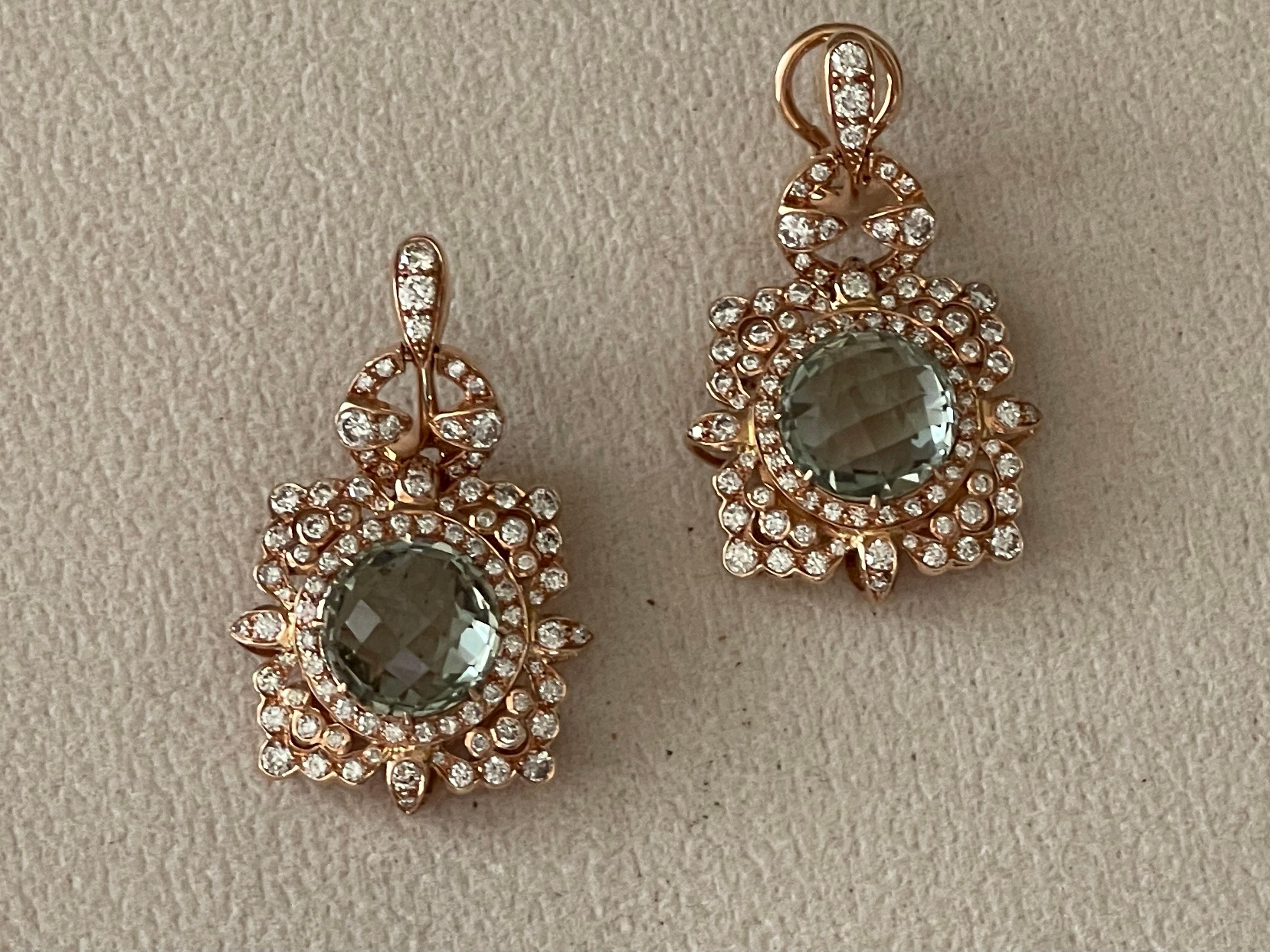 Orecchini intricati in oro rosa 18 K. con diamante e prasiolite in vendita 3