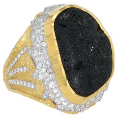 Intricate 18K & 24K YG Ring with Black Tourmaline and Diamonds by Victor Velyan