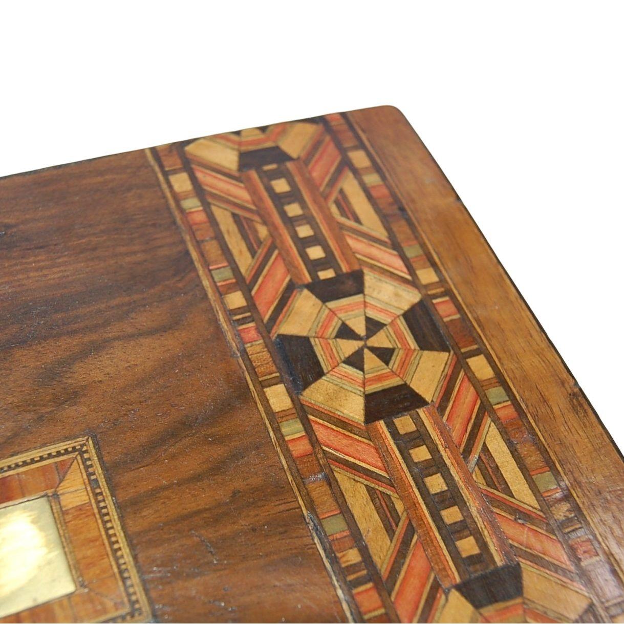 Intricate 1920s Marquetry Inlaid Wood Box With Skeleton Key For Sale 5