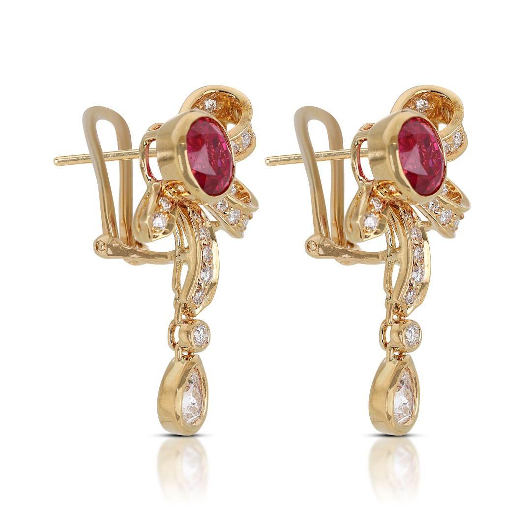 Princess Cut Intricate 2.02ct Ruby Lever Back Earrings with sparkling Side Diamonds For Sale