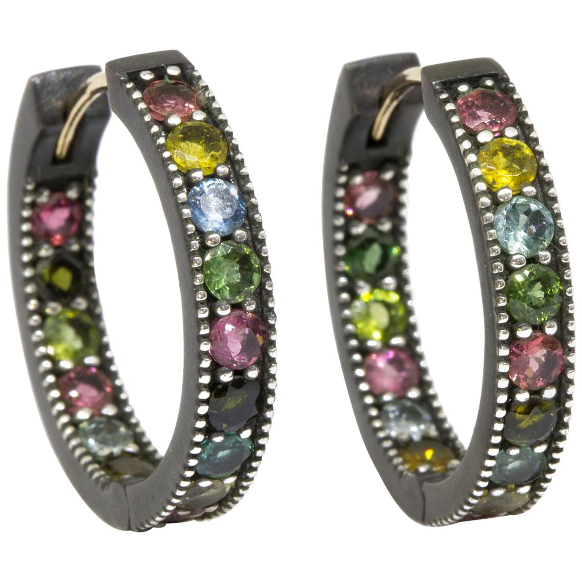 Intricate Multi Tourmaline Gold and Oxidized Hoop Earrings