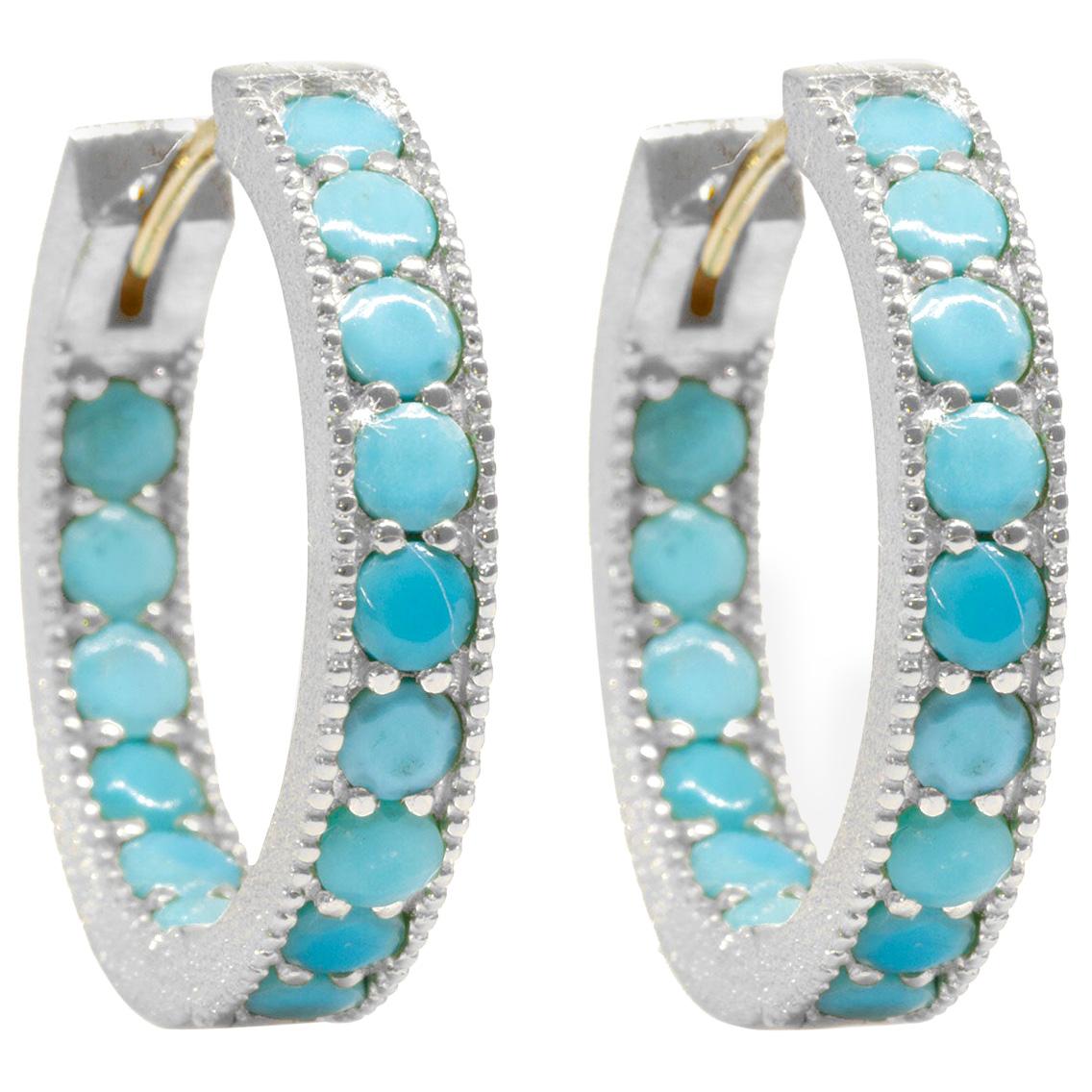 Intricate Turquoise Gold and Silver Hoop Earrings