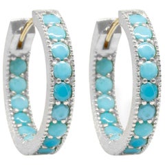 Vintage Intricate Turquoise Gold and Silver Hoop Earrings