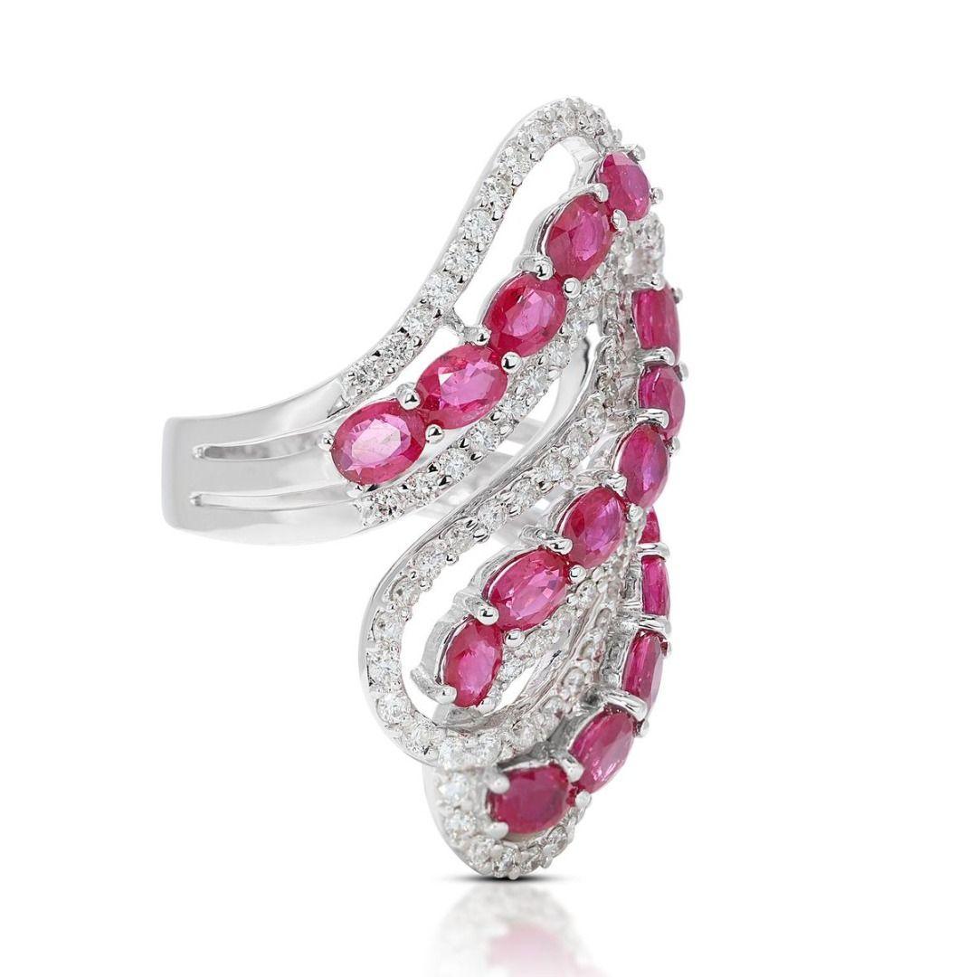 Oval Cut Intricate 3.20ct Ruby Spiral Ring with Side Diamonds in 18K White Gold For Sale