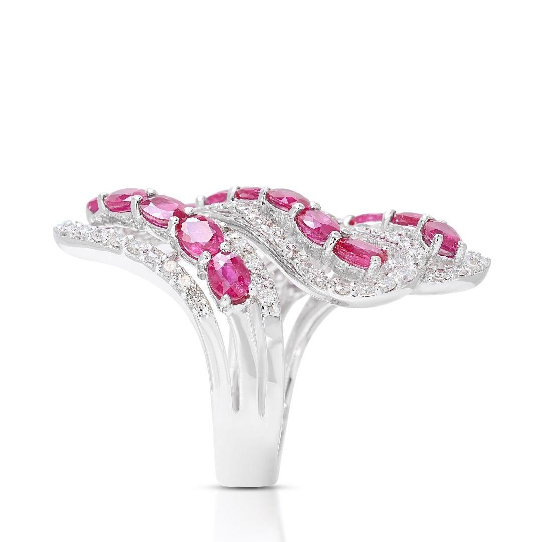 Women's Intricate 3.20ct Ruby Spiral Ring with Side Diamonds in 18K White Gold For Sale