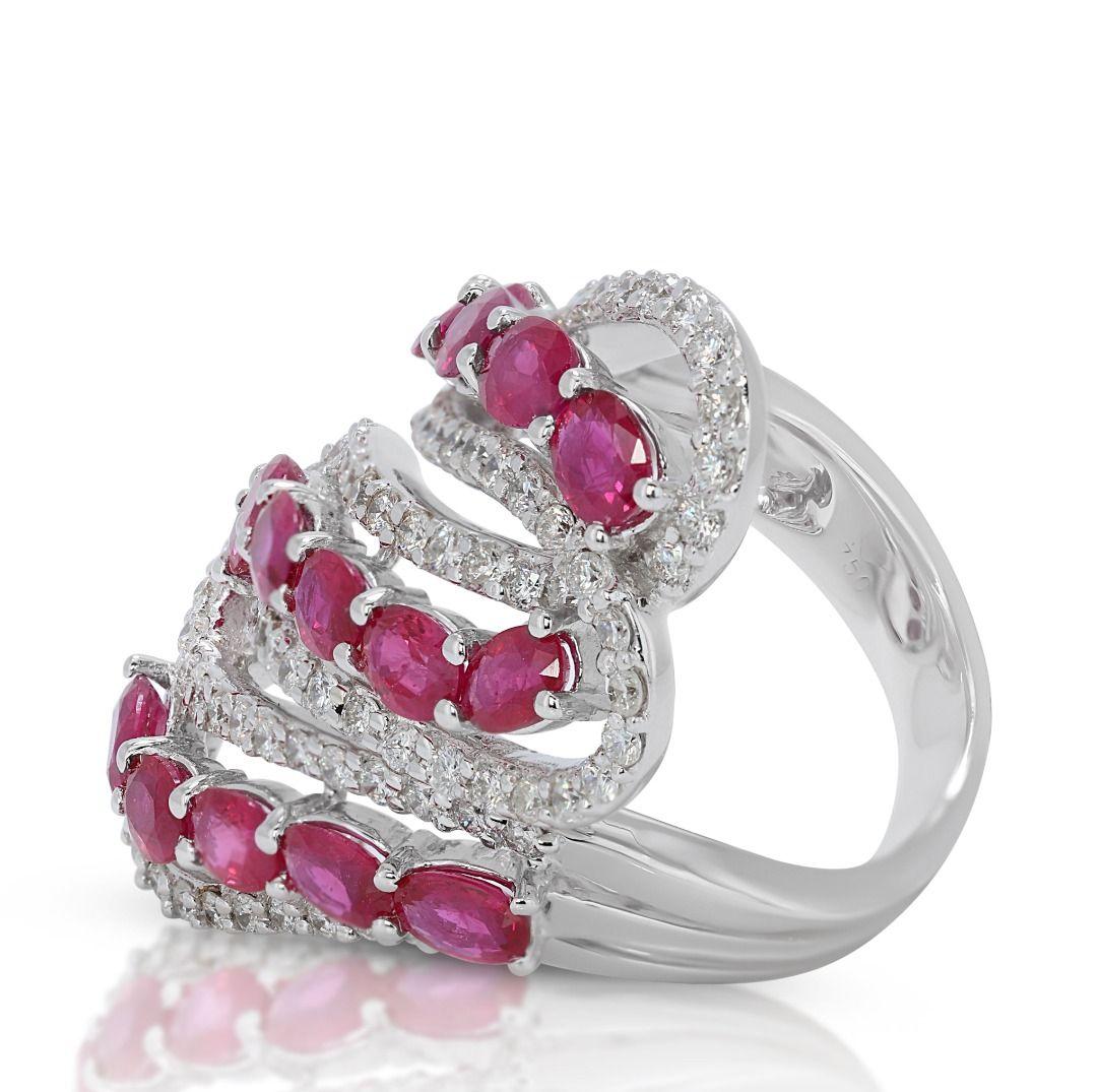 Intricate 3.20ct Ruby Spiral Ring with Side Diamonds in 18K White Gold For Sale 1