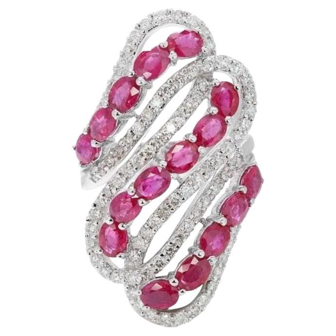 Intricate 3.20ct Ruby Spiral Ring with Side Diamonds in 18K White Gold For Sale