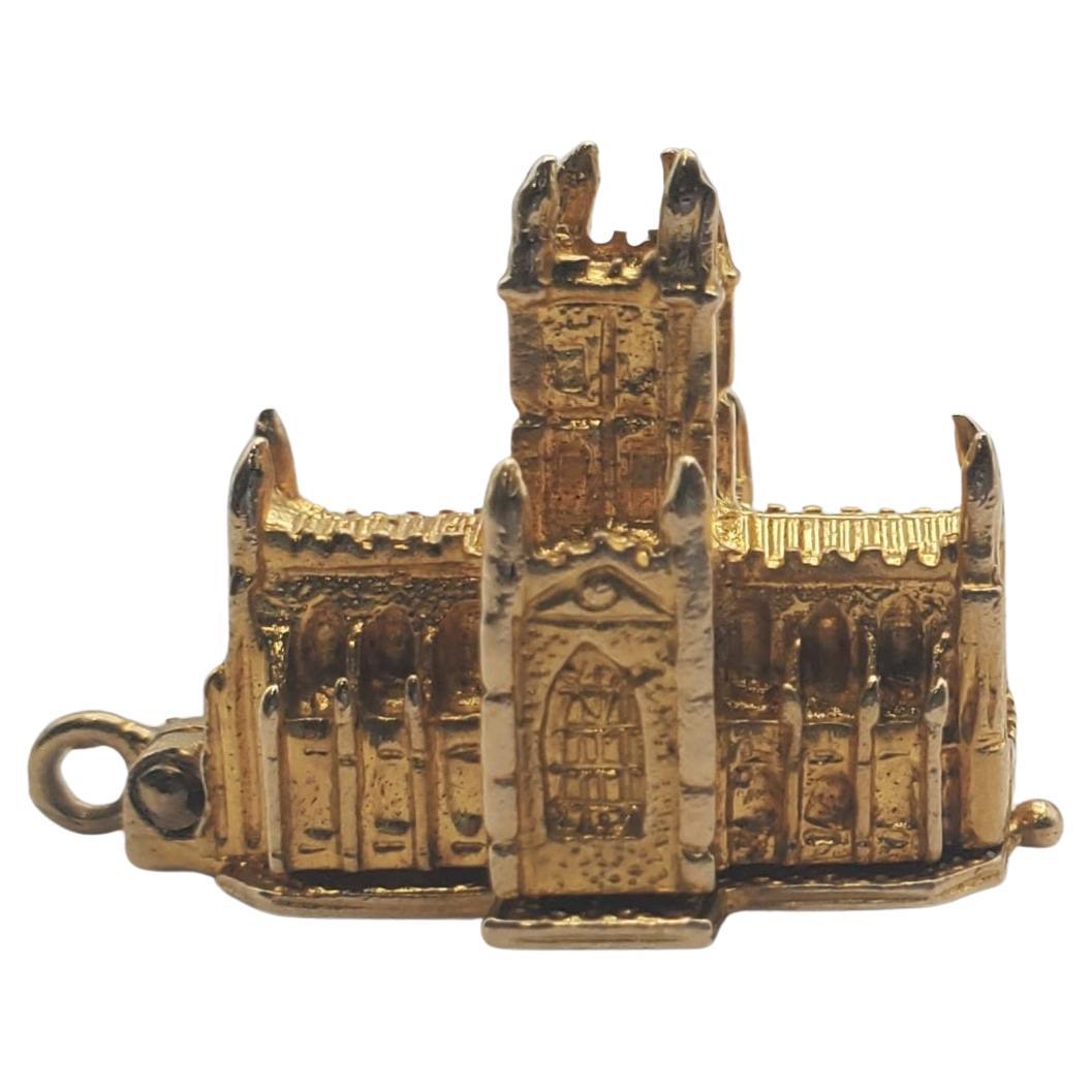Intricate 9KY Cathedral Charm/Pendant with Interior Wedding Scene  For Sale