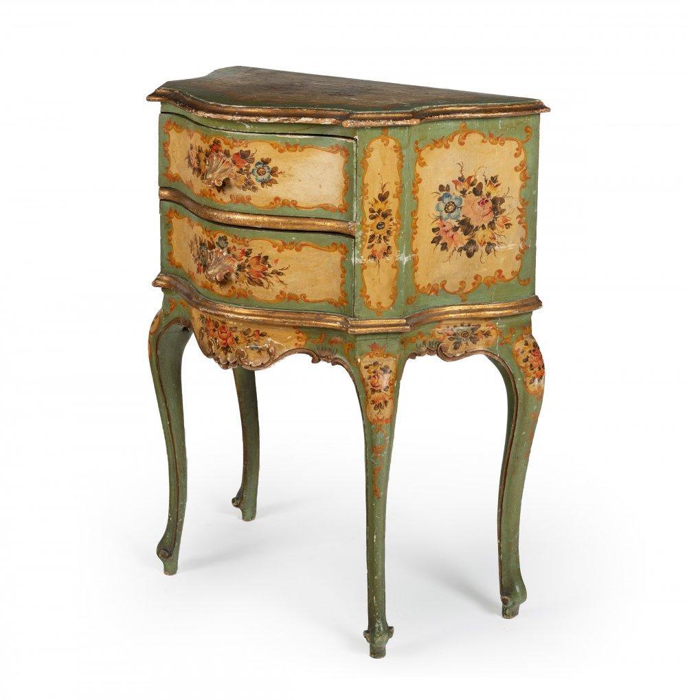 Anonymous
Europe; ca. 1900
Polychrome and gilt wood

Approximate size: 30.25 x 24.75 x 13.75 inches

A 19th century small chest-of-drawers, intricately hand-painted with lovely floral compositions set against light yellow backgrounds framed by