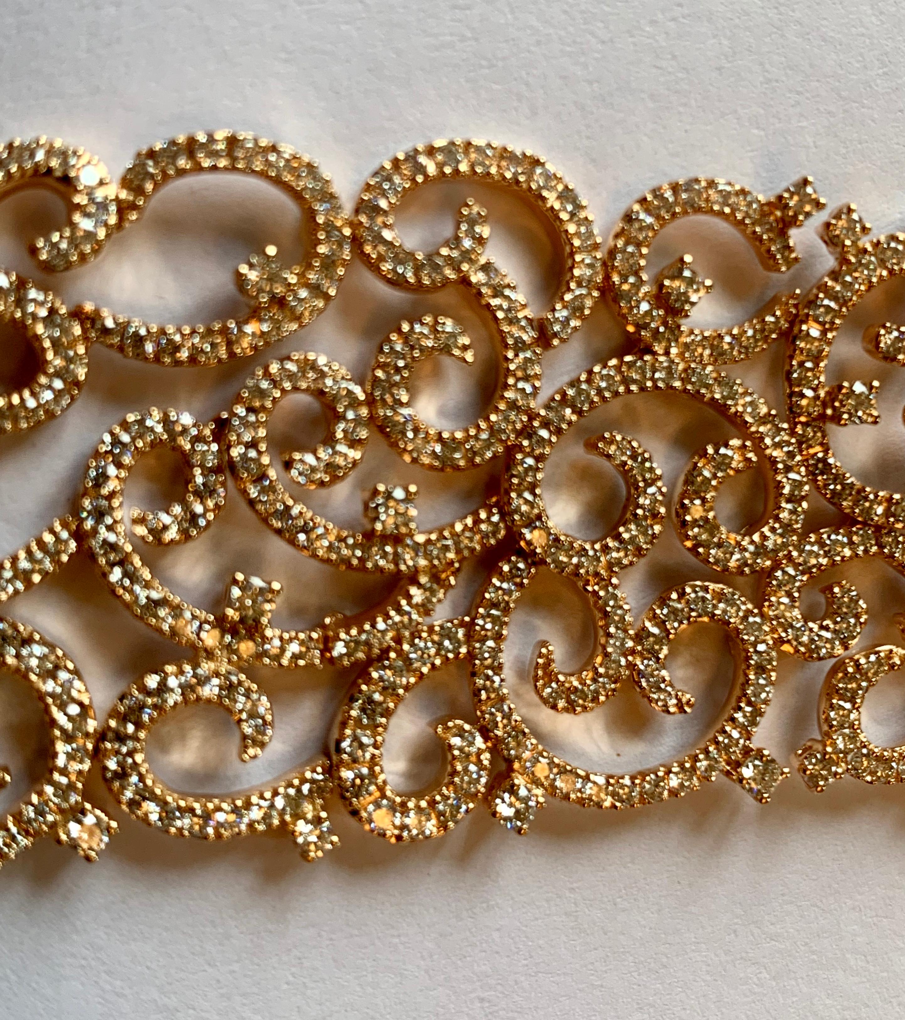 Round Cut Intricate and Wide 18 Karat Pink Gold Bracelet with Diamonds For Sale