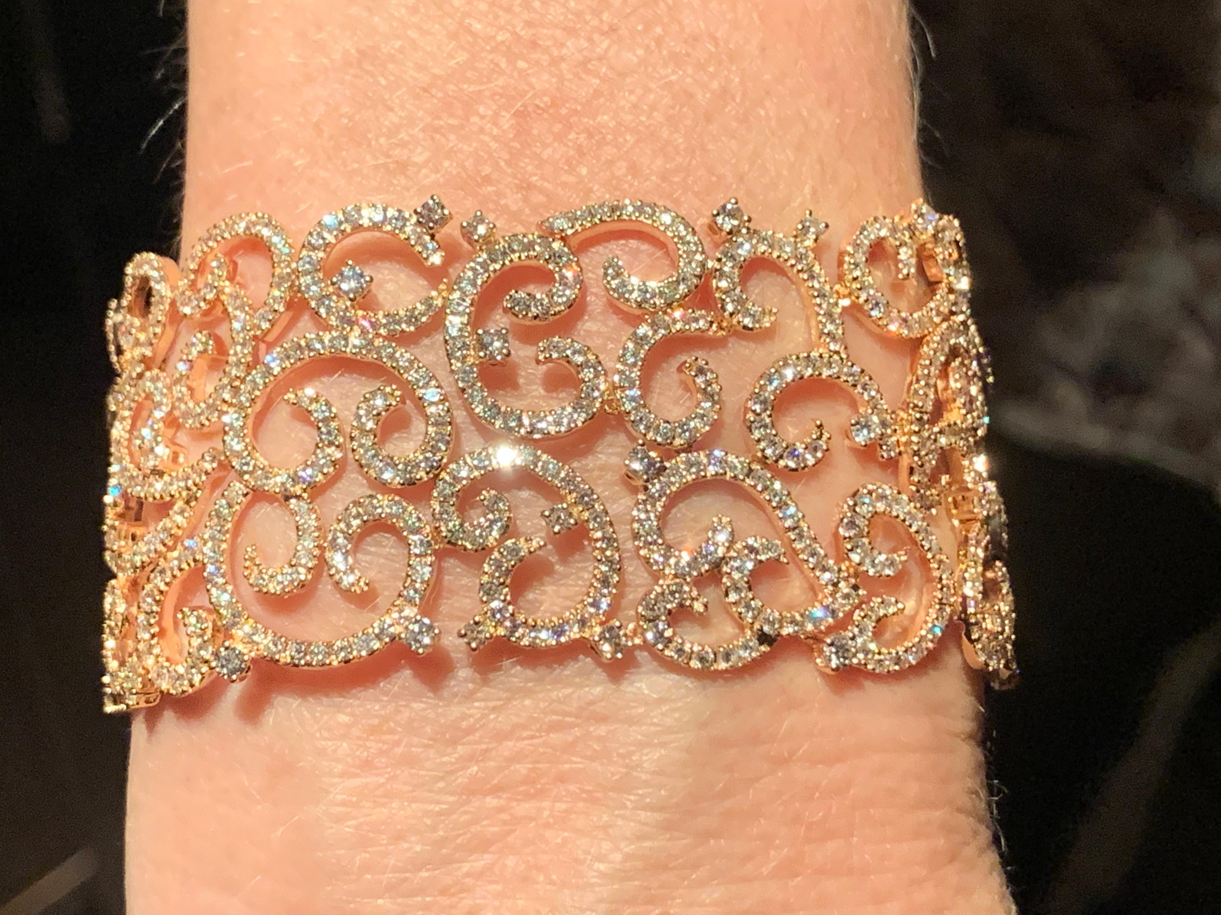 Intricate and Wide 18 Karat Pink Gold Bracelet with Diamonds For Sale 2