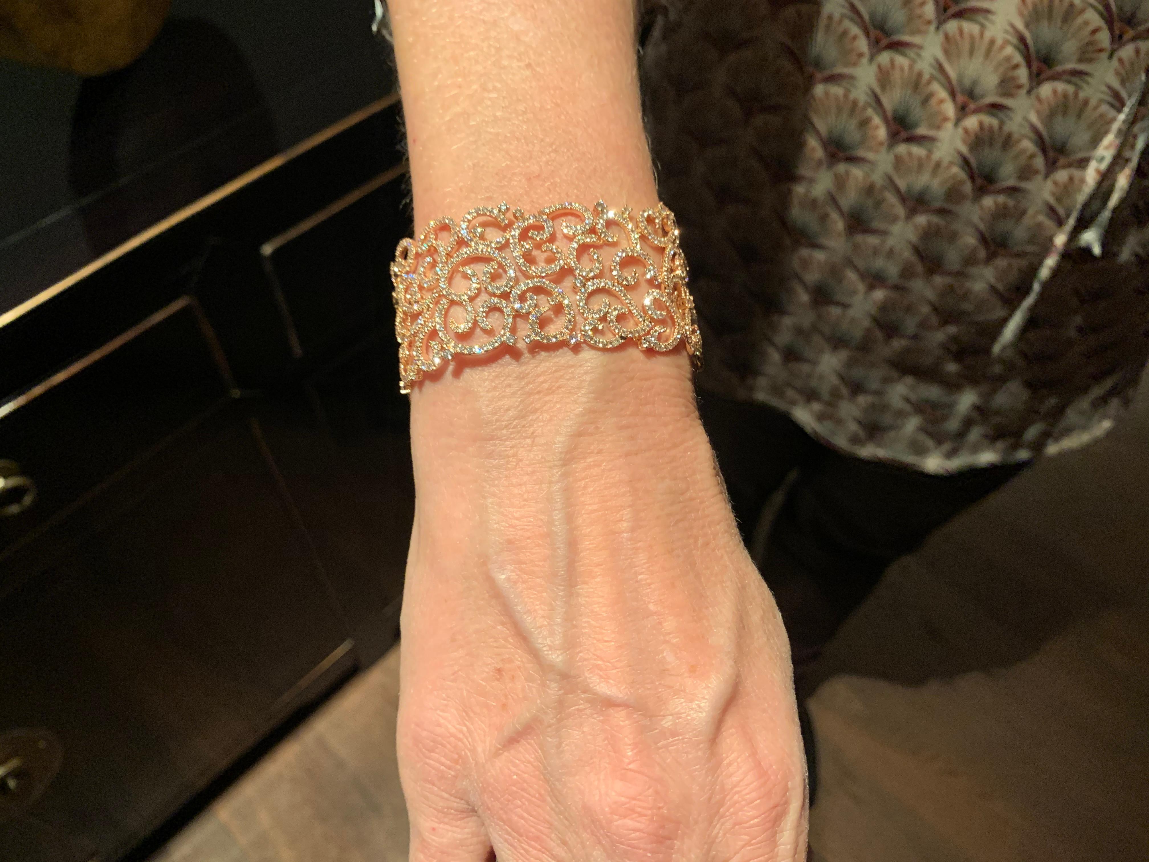 Intricate and Wide 18 Karat Pink Gold Bracelet with Diamonds For Sale 3