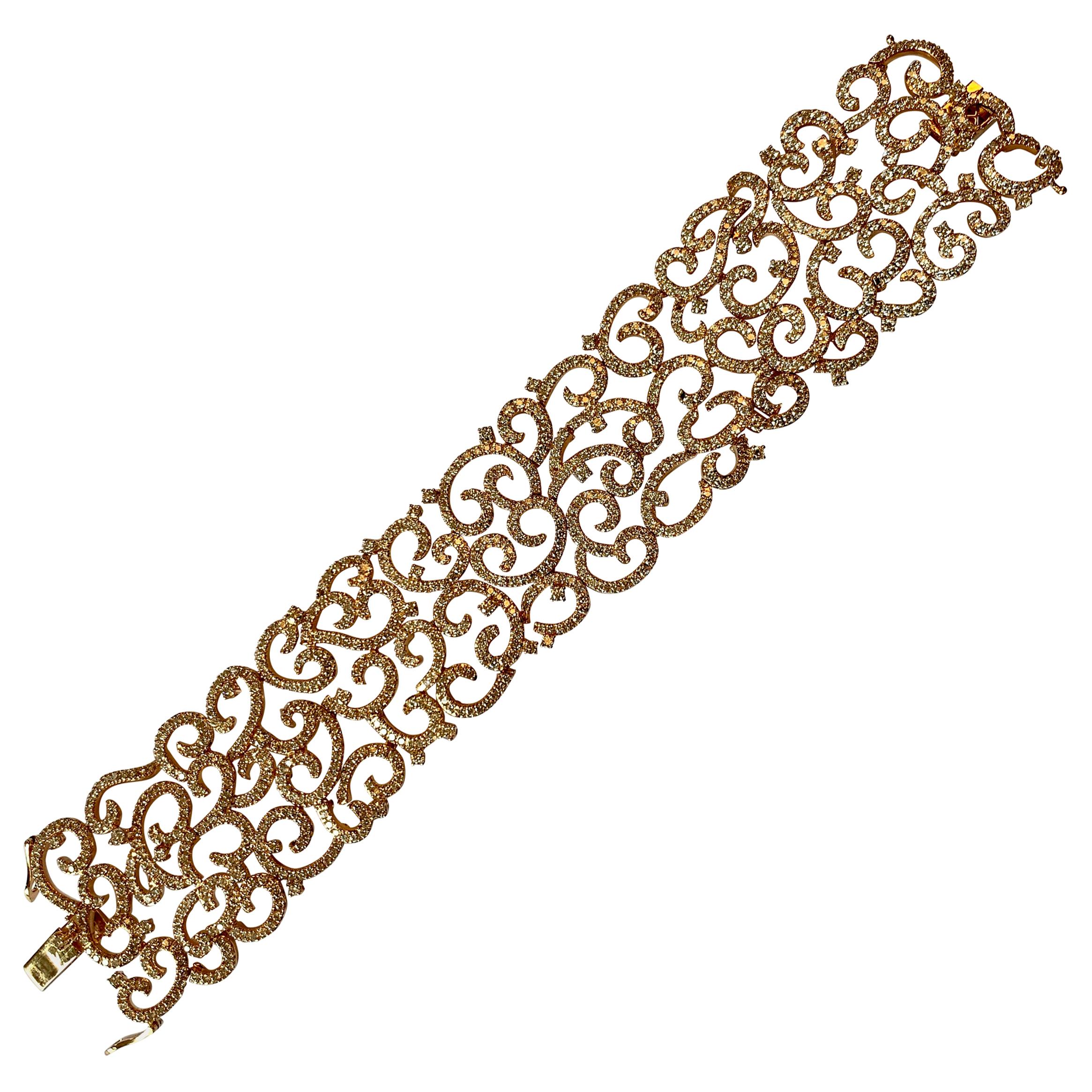 Intricate and Wide 18 Karat Pink Gold Bracelet with Diamonds For Sale