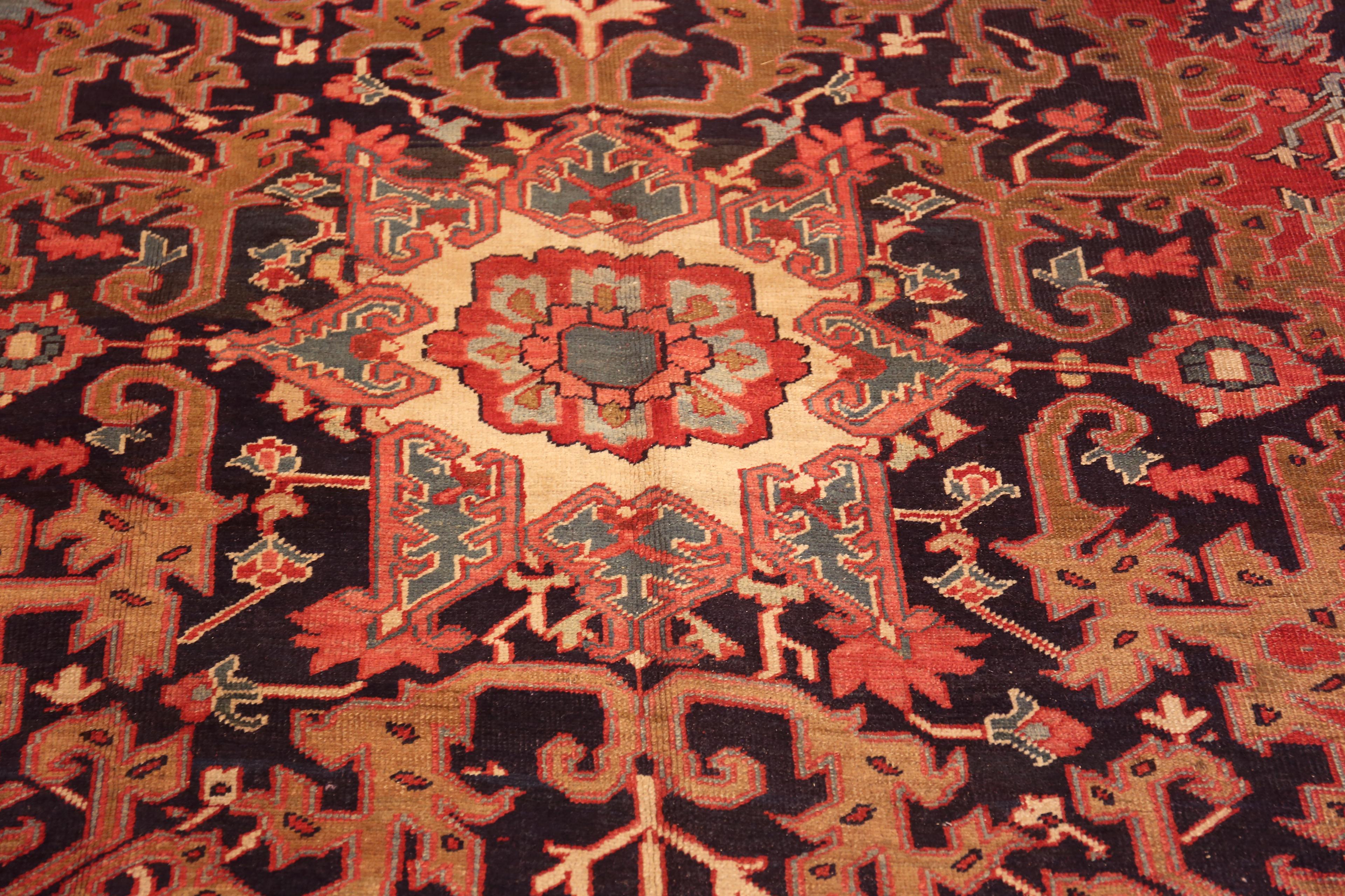 Hand-Knotted Intricate Antique Geometric Medallion Persian Heriz Rug 8'6