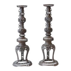 Intricate Antique Japanese Metal Candle Holders Shokudai