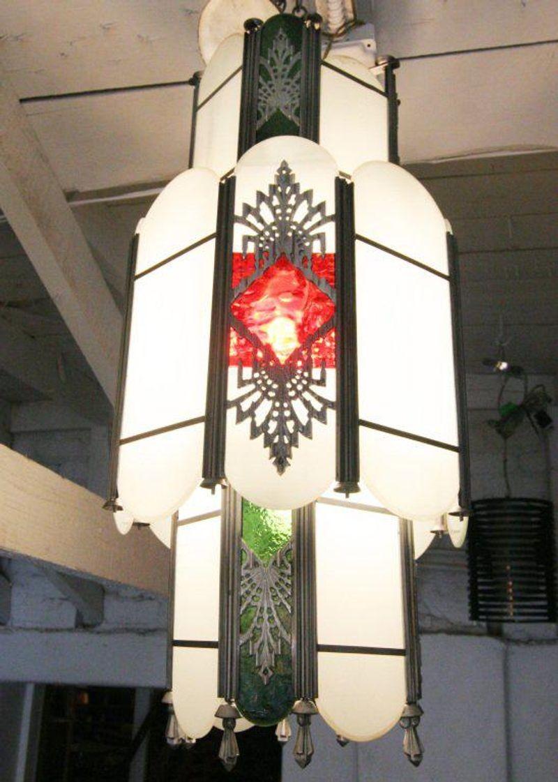 Intricate Art Deco Stained Glass Chandelier 1