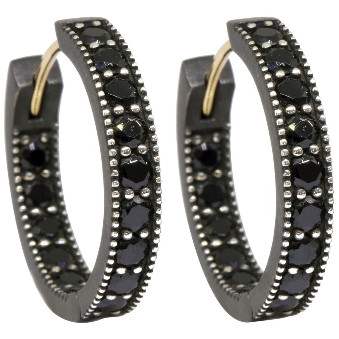 Intricate Black Spinel Gold and Silver Hoop Earrings For Sale