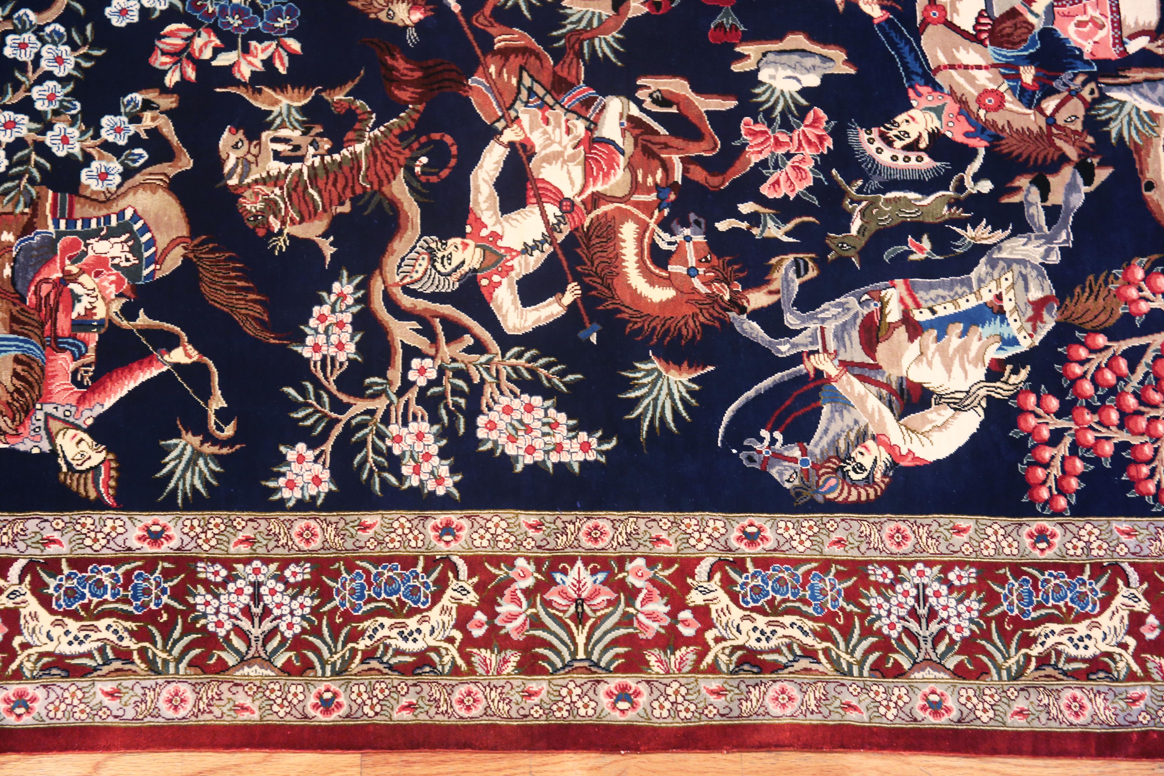 20th Century Intricate Blue Persian Hunting Scene Vintage Qum Silk Luxury Rug 2'7
