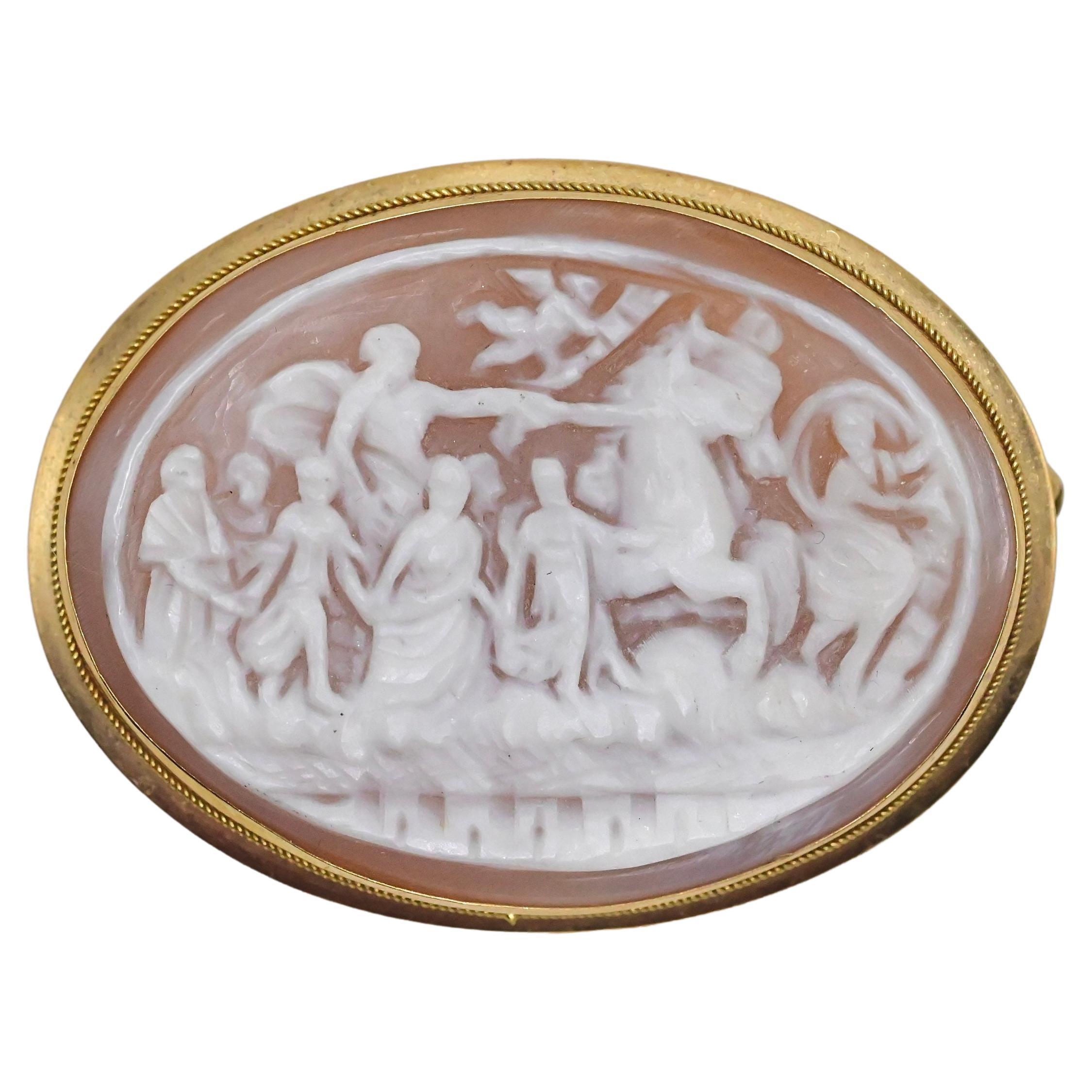 Intricate Carved Shell Cameo Gold Brooch