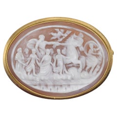Intricate Carved Shell Cameo Gold Brooch