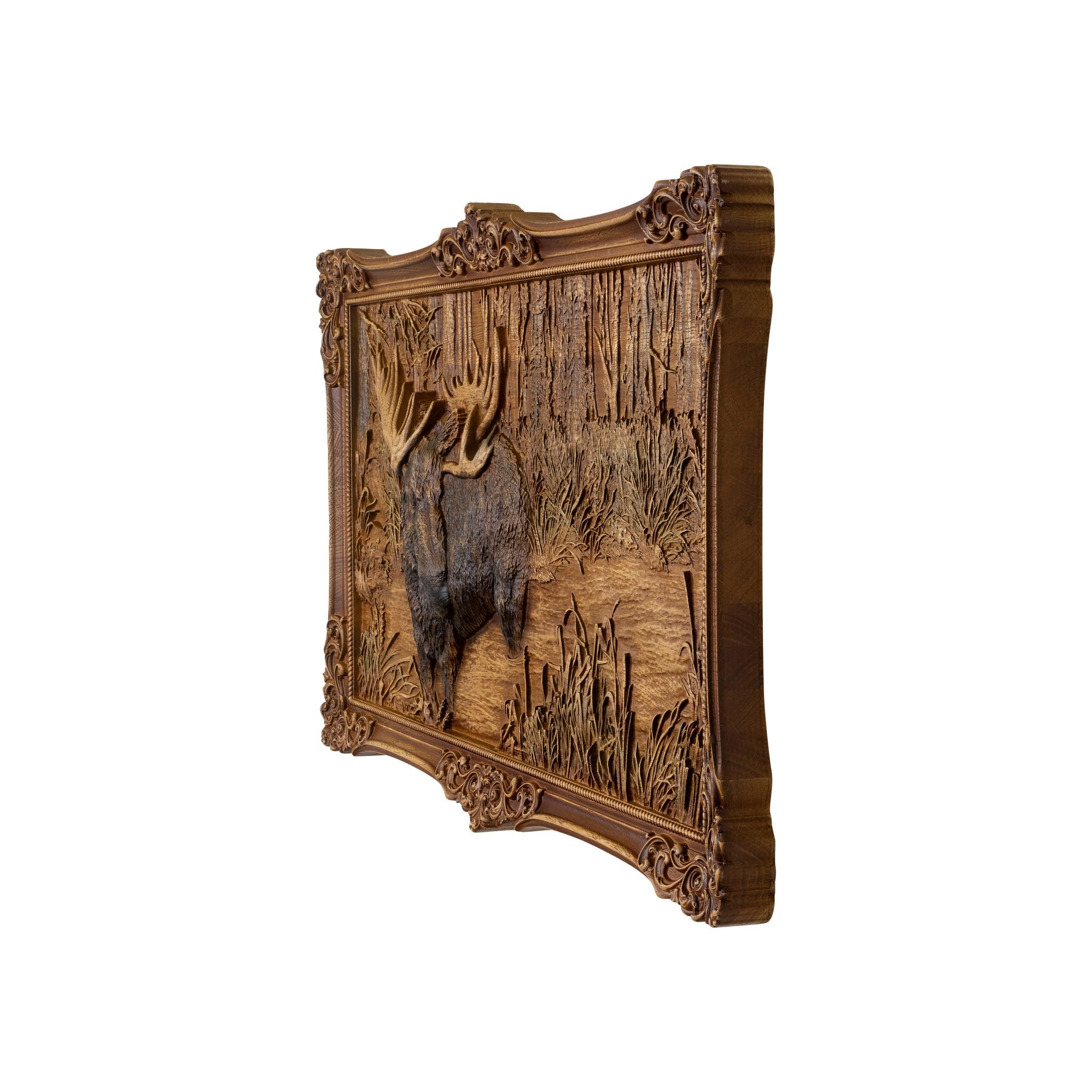 Intricately carved moose plaque of oak including integral frame. Very nice quality, beautiful detail and perfect for the lodge, cabin or rustic decor. Can possibly be made to order if requested and extended timeframe.

Period: Contemporary
Origin: