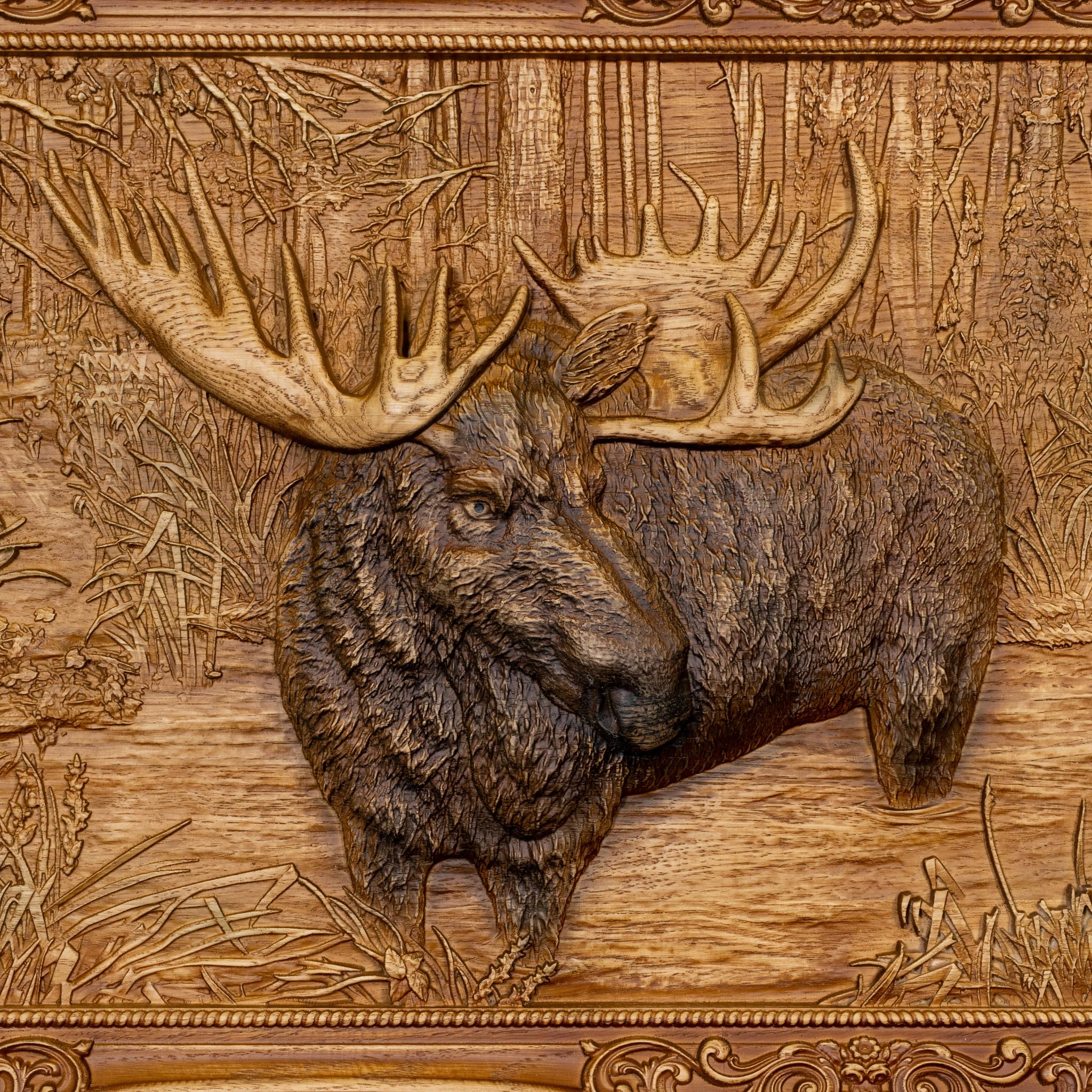 American Intricate Carved Wood Moose Plaque For Sale