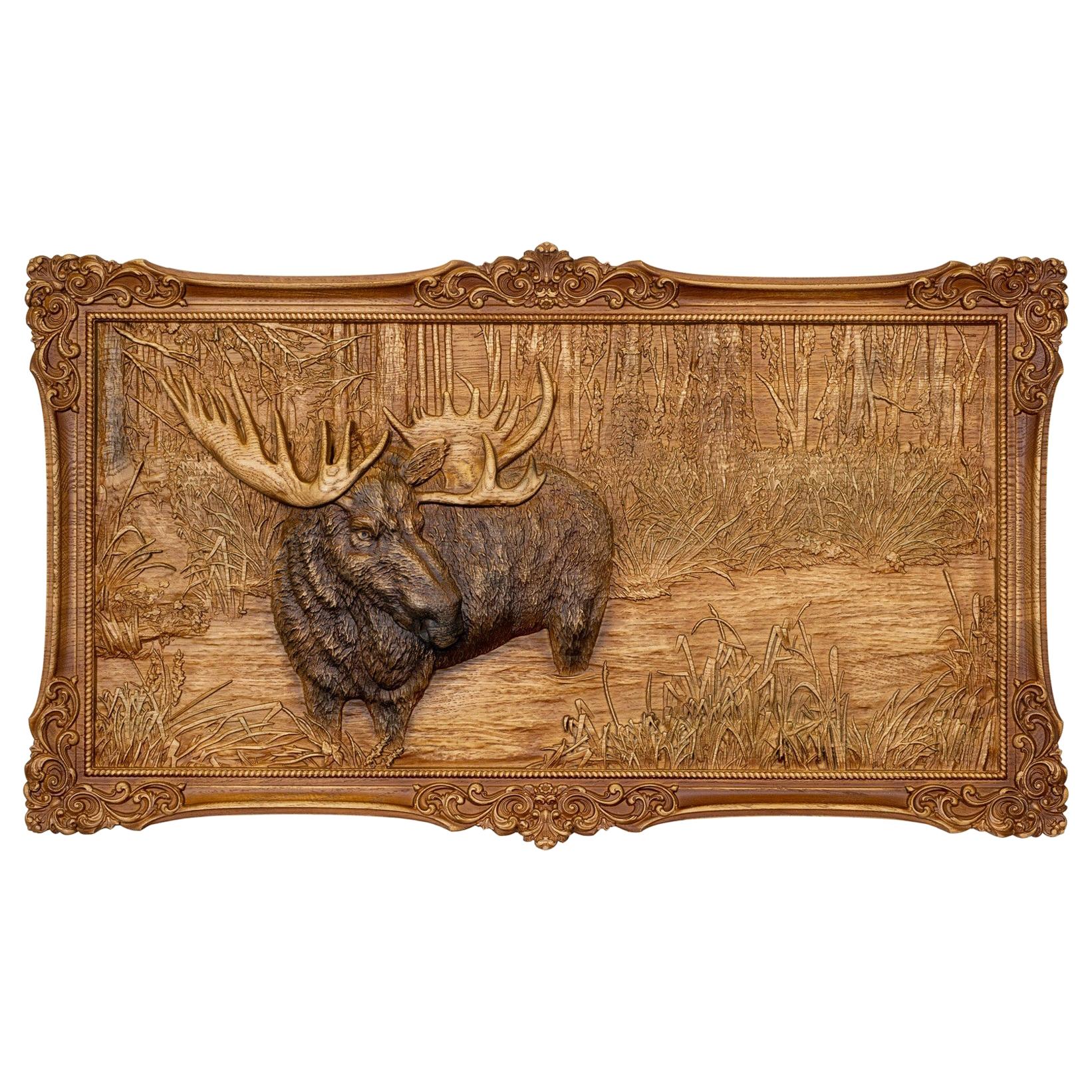 Intricate Carved Wood Moose Plaque