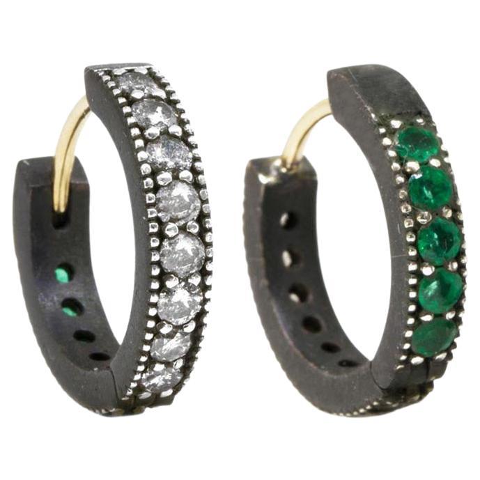 Intricate Champagne Diamond and Emerald Gold and Oxidized Reversible Huggies For Sale