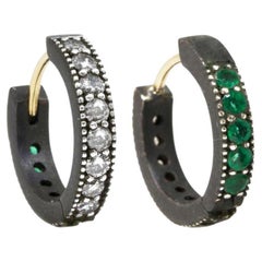 Intricate Champagne Diamond and Emerald Gold and Oxidized Reversible Huggies