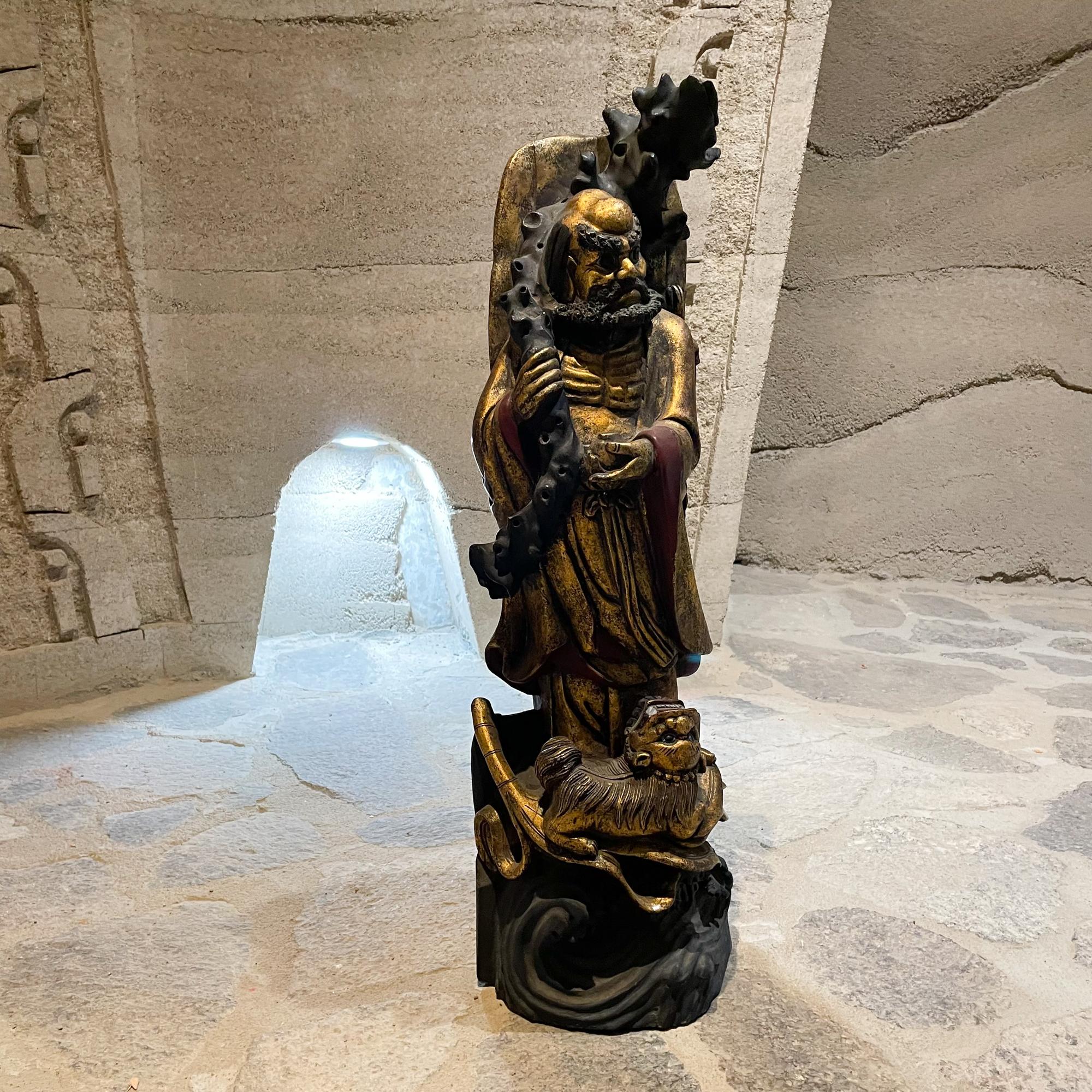 Chinese Export Early 20th Century Chinese Immortal Deity Carved Foo Dog Sculpture For Sale