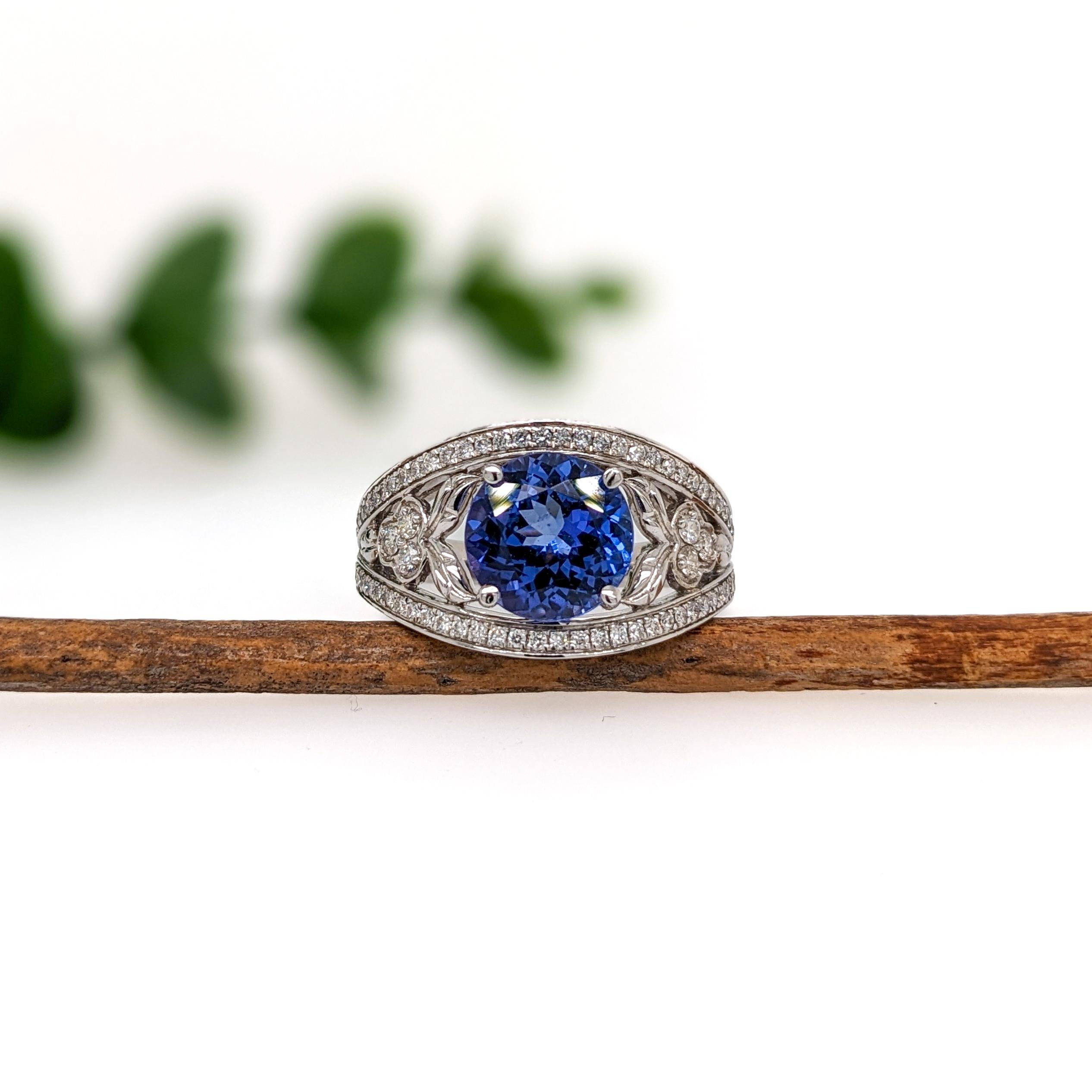 Art Nouveau Intricate Design Tanzanite Ring w Diamond Accents in 14K White Gold Round 9mm For Sale