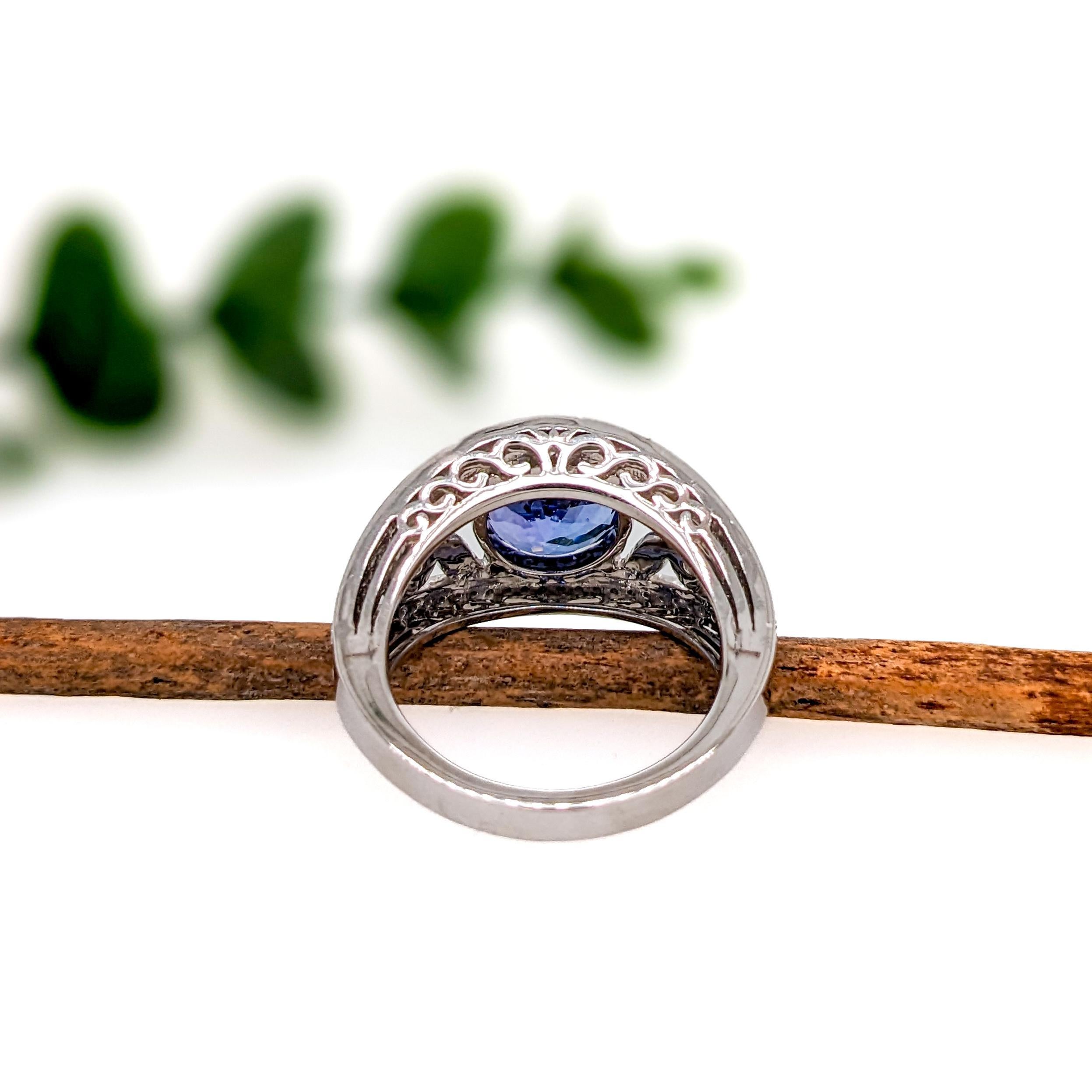 Women's Intricate Design Tanzanite Ring w Diamond Accents in 14K White Gold Round 9mm For Sale