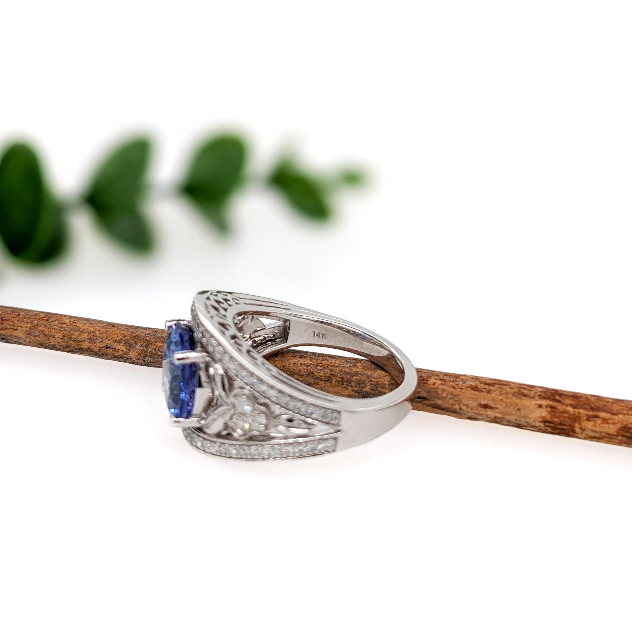 Intricate Design Tanzanite Ring w Diamond Accents in 14K White Gold Round 9mm For Sale 1
