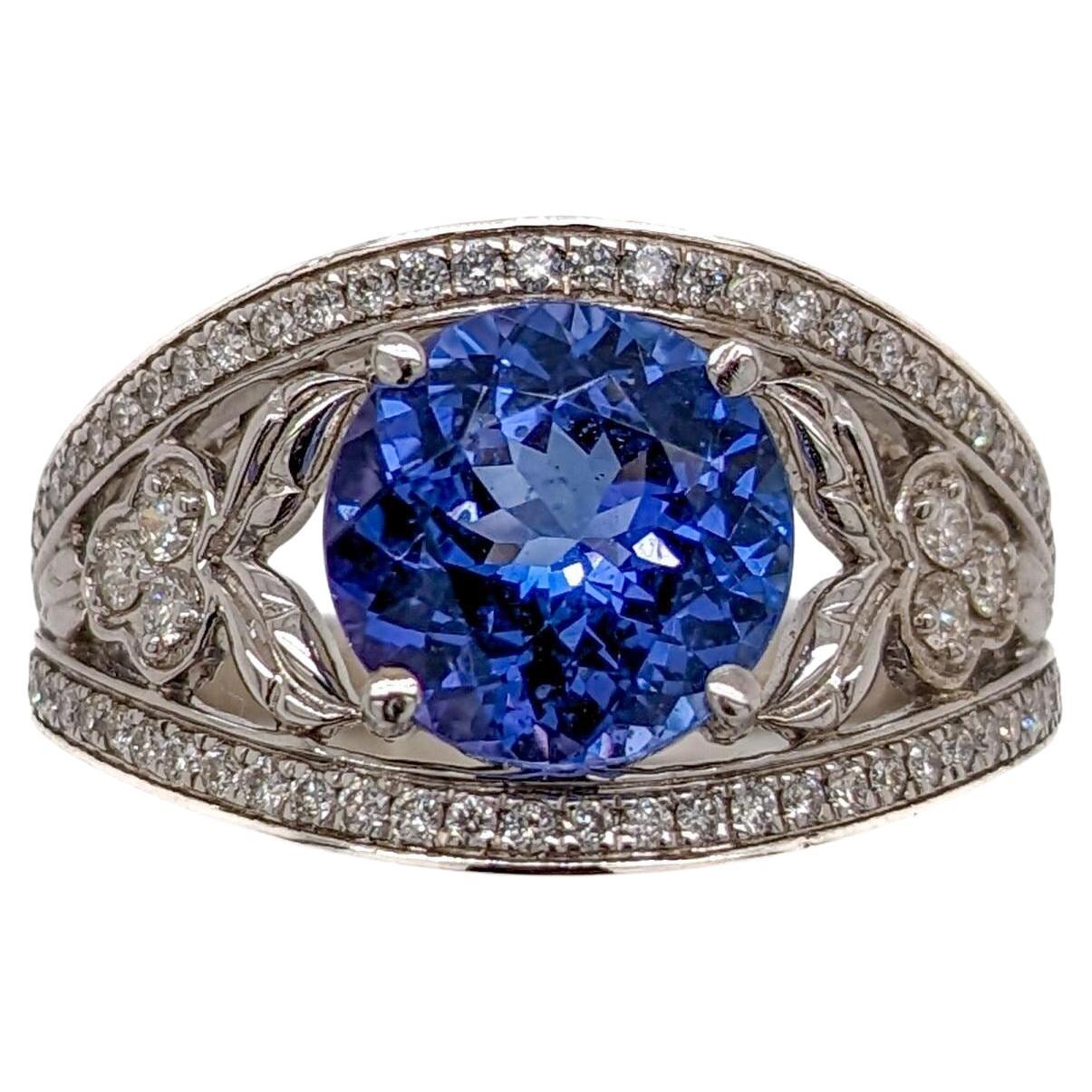 Intricate Design Tanzanite Ring w Diamond Accents in 14K White Gold Round 9mm For Sale