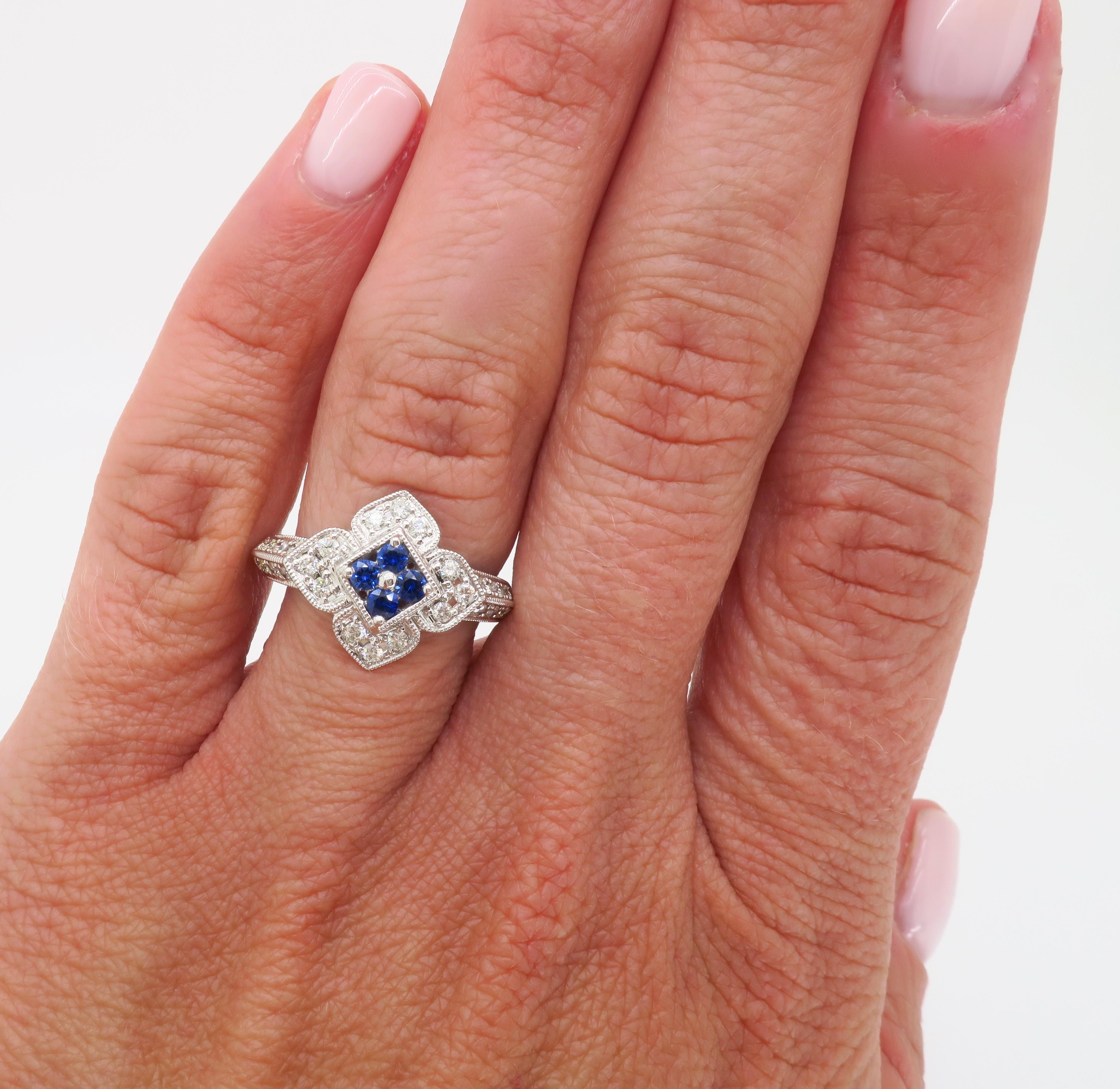 Intricate Diamond & Blue Sapphire Flower Ring 4