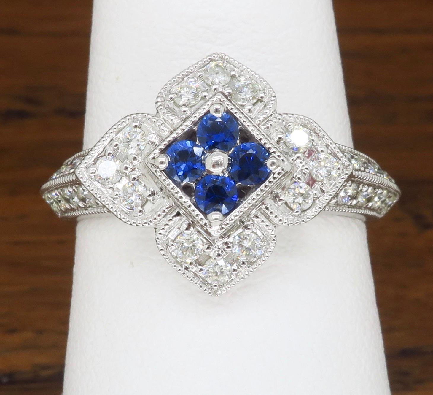 Intricate Diamond & Blue Sapphire Flower Ring 6