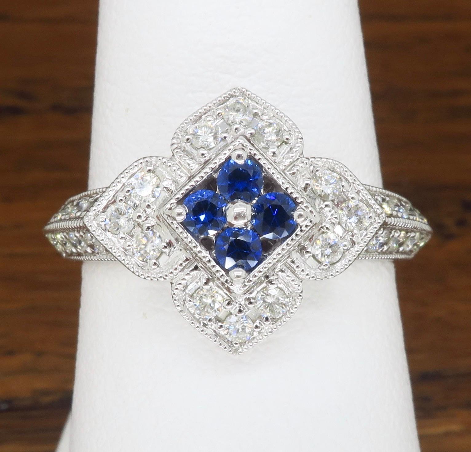 Intricate Diamond & Blue Sapphire Flower Ring 7