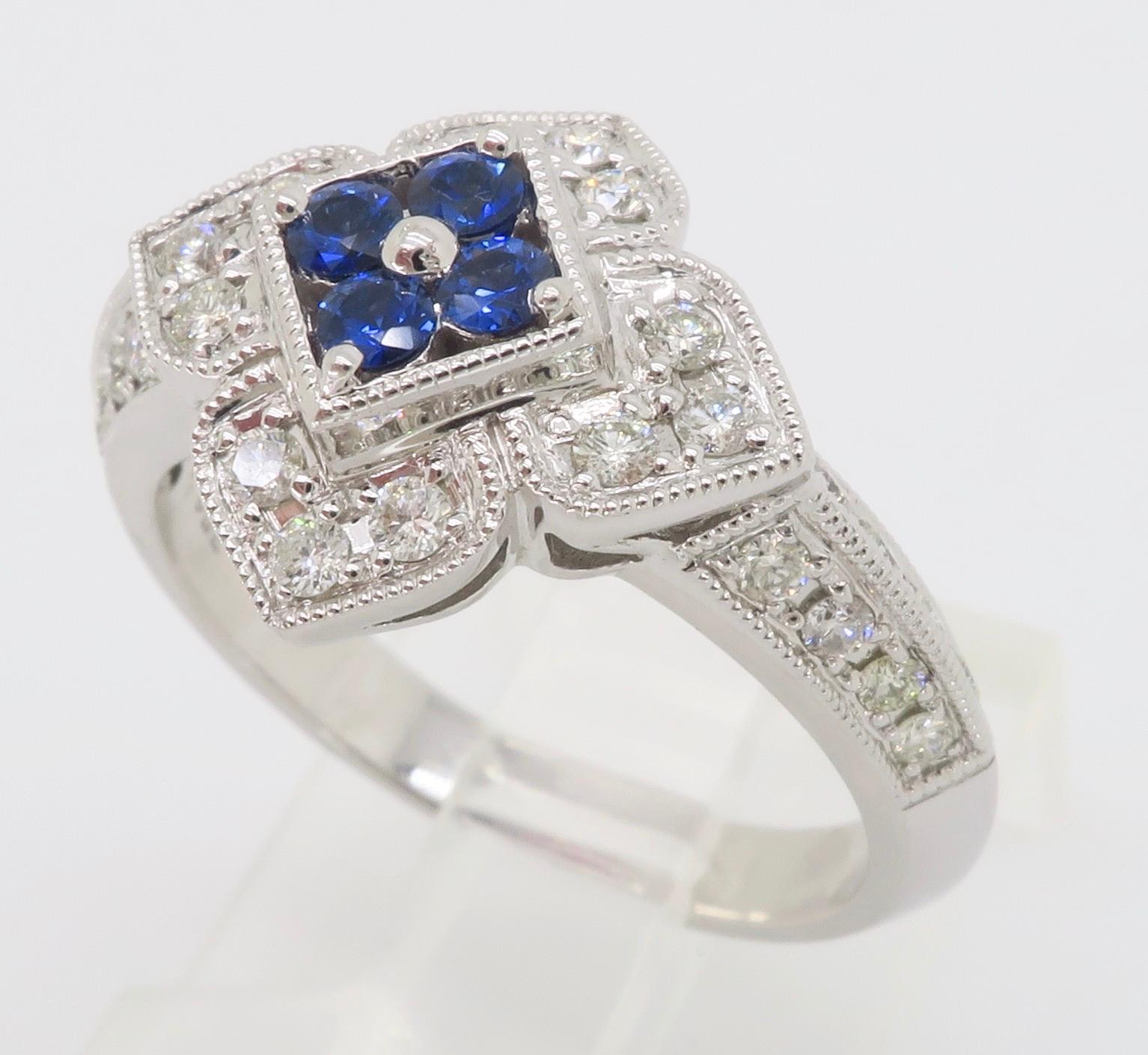 Round Cut Intricate Diamond & Blue Sapphire Flower Ring