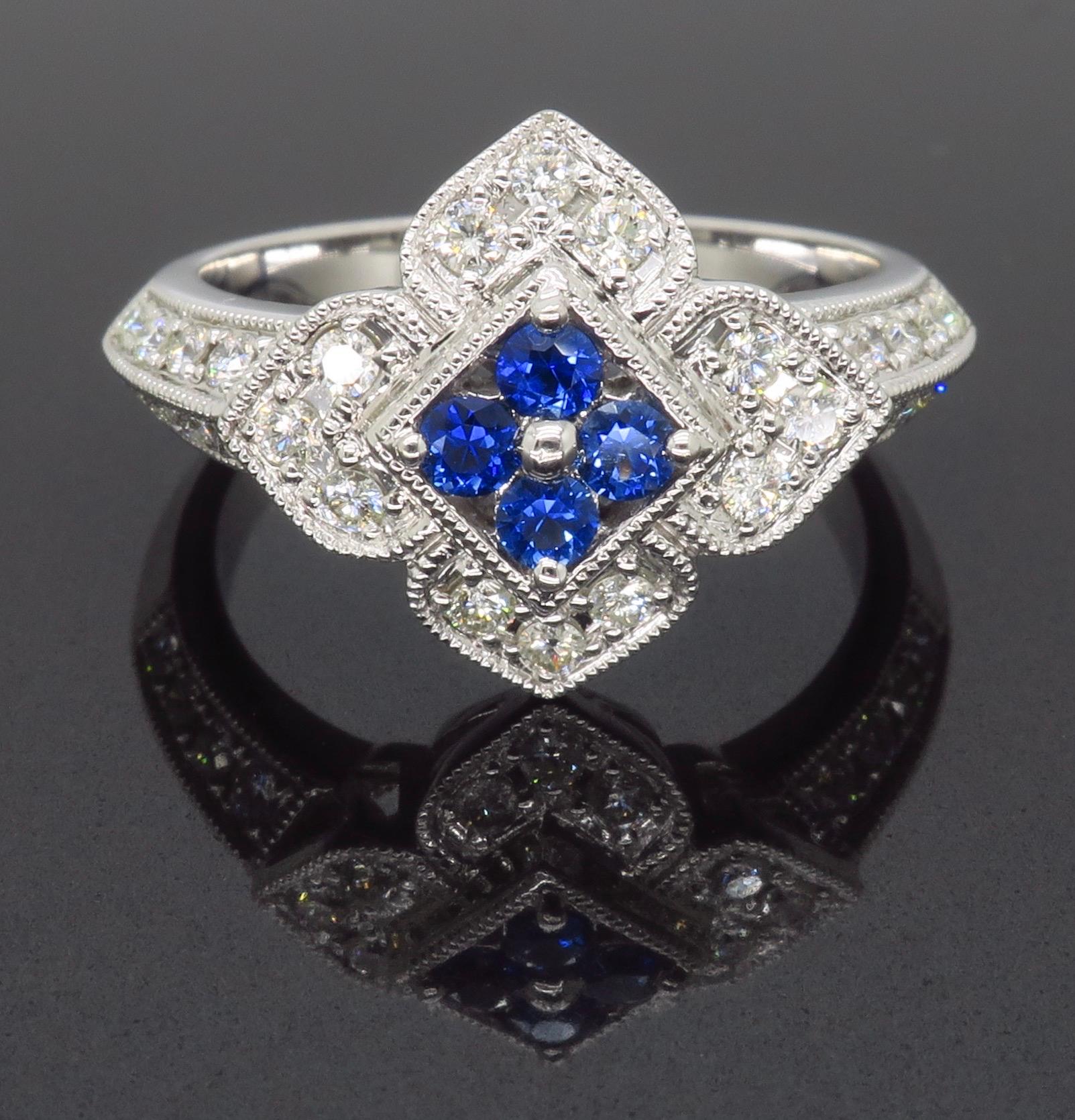 Intricate Diamond & Blue Sapphire Flower Ring In New Condition In Webster, NY