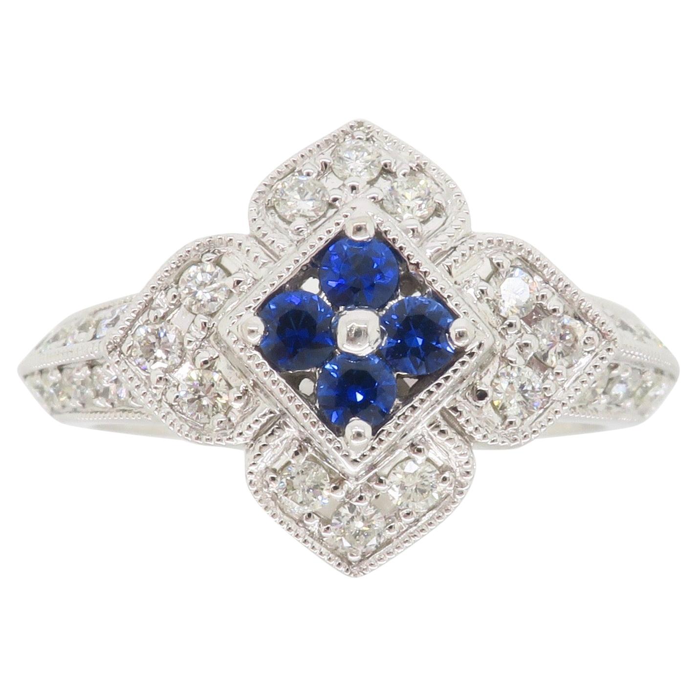 Blue Sapphire Diamond Gold Flower Ring For Sale at 1stDibs