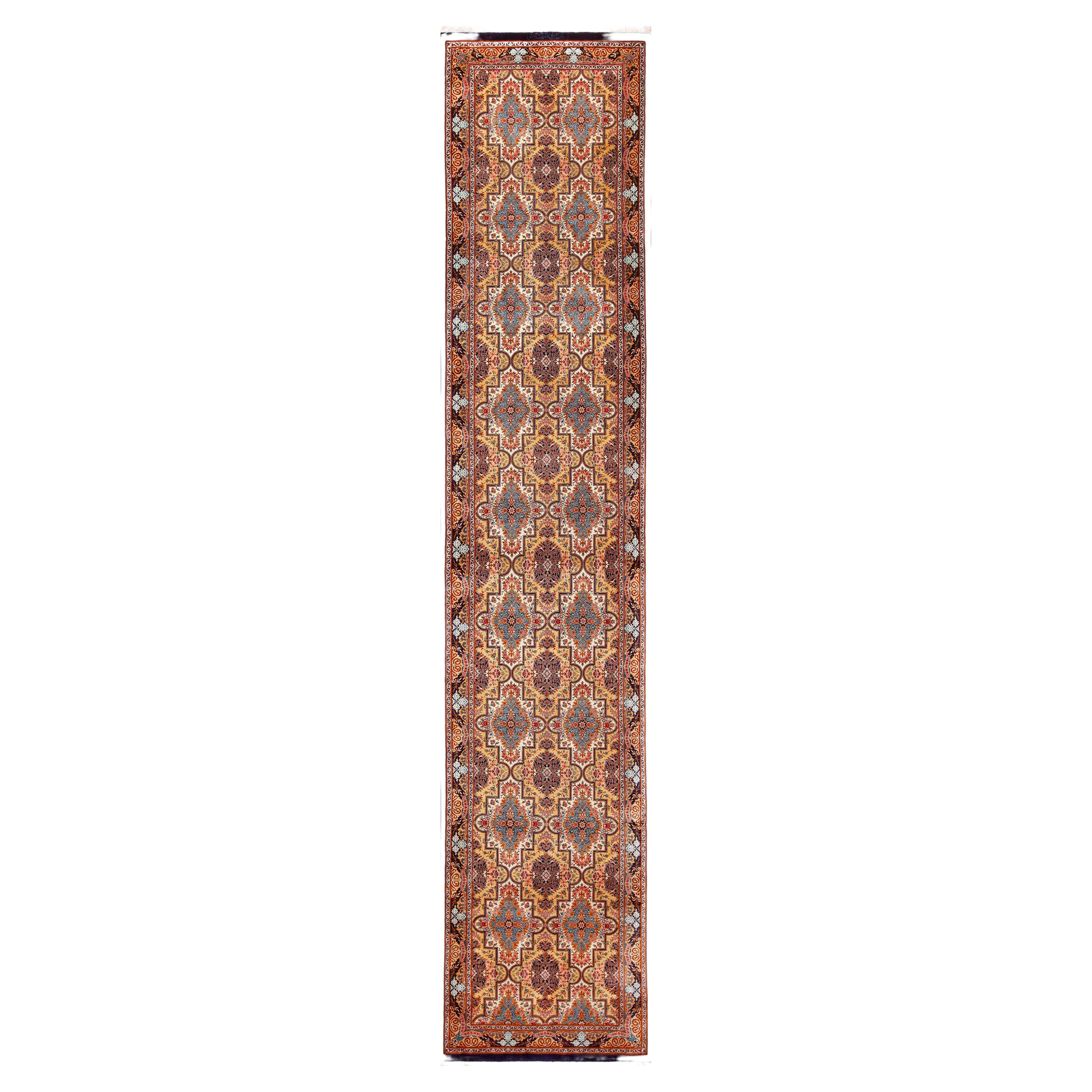 Intricate Fine Luxurious Persian Qum Silk Hallway Runner Rug 2'7" x 12'9" For Sale
