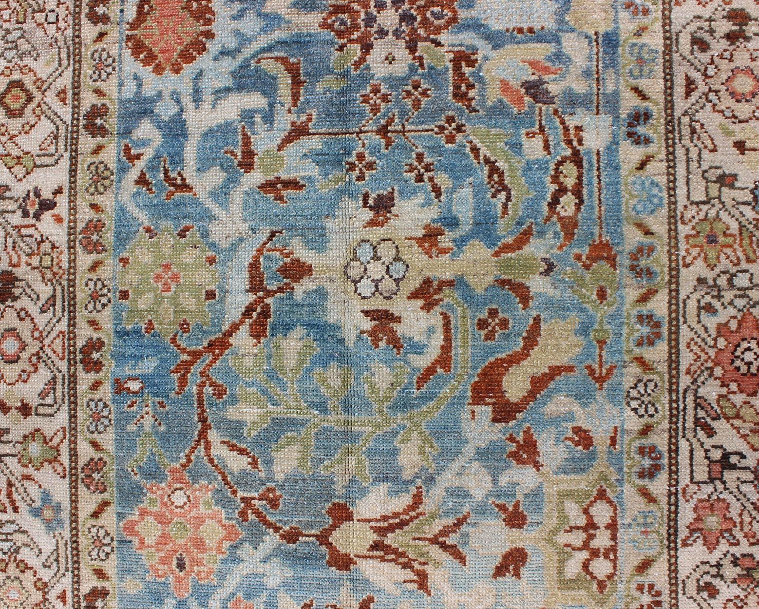Intricate Floral Design Antique Persian Malayer Runner in Blue, Ivory, Peach For Sale 4