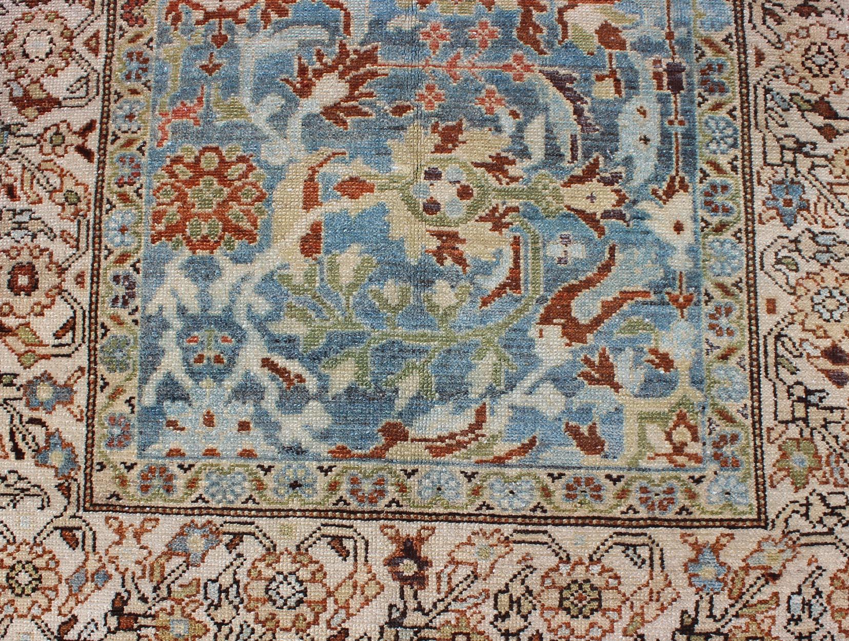 Intricate Floral Design Antique Persian Malayer Runner in Blue, Ivory, Peach For Sale 5