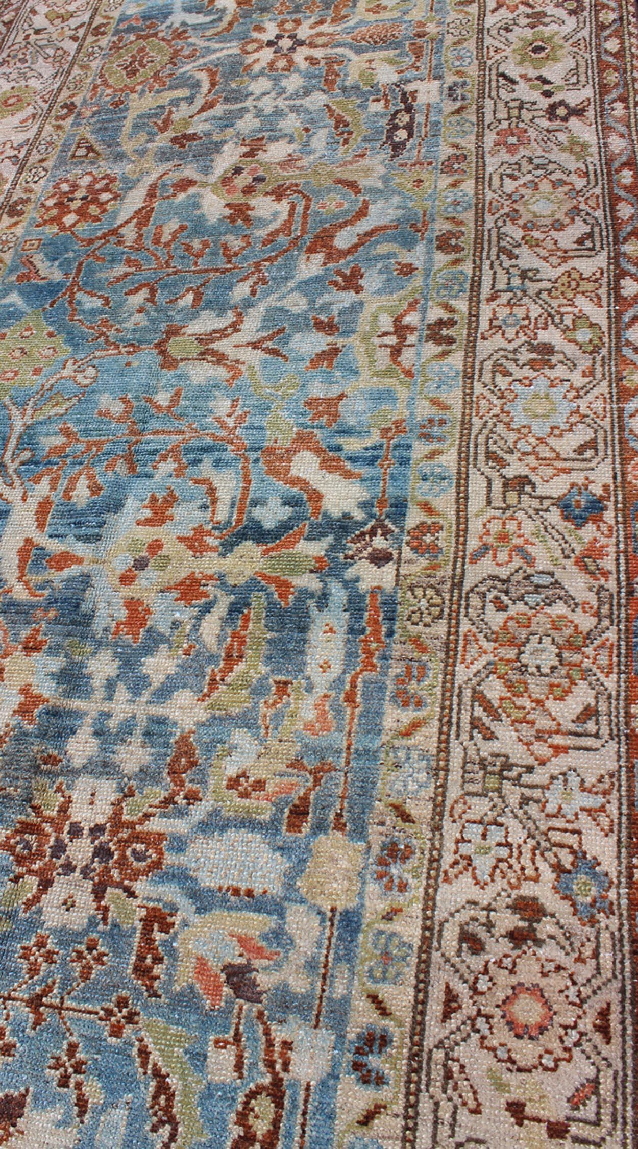 Intricate Floral Design Antique Persian Malayer Runner in Blue, Ivory, Peach For Sale 6