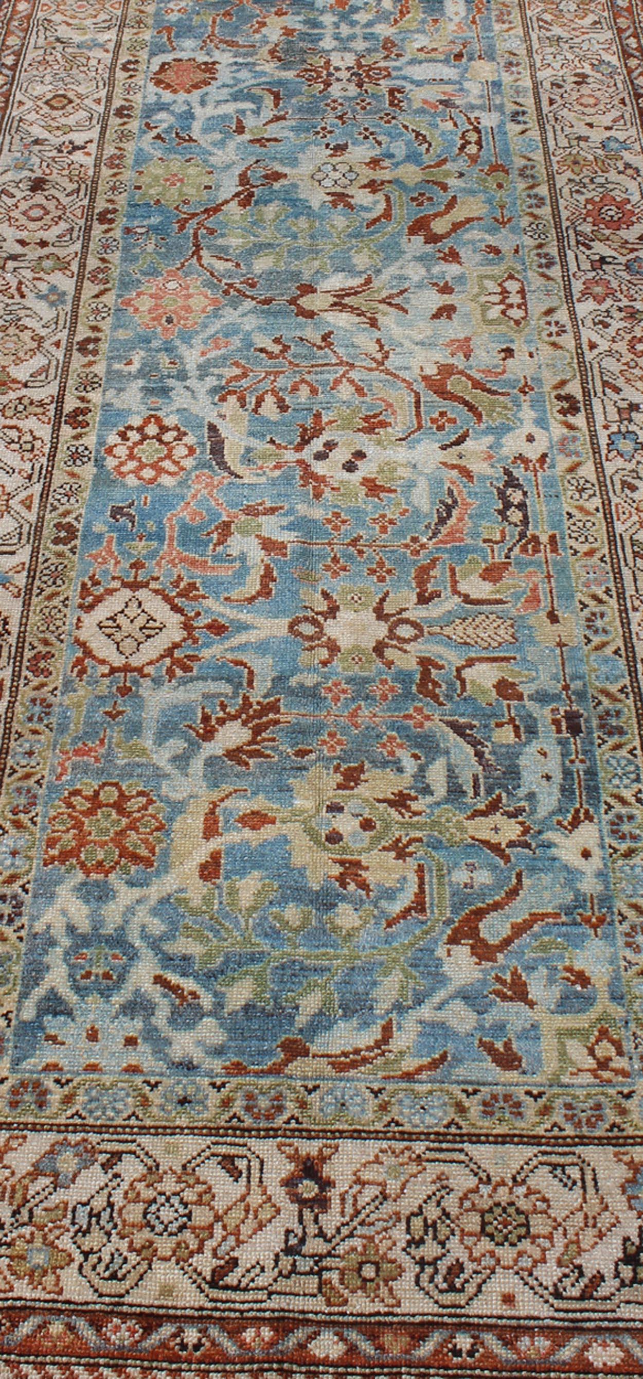Intricate Floral Design Antique Persian Malayer Runner in Blue, Ivory, Peach For Sale 7