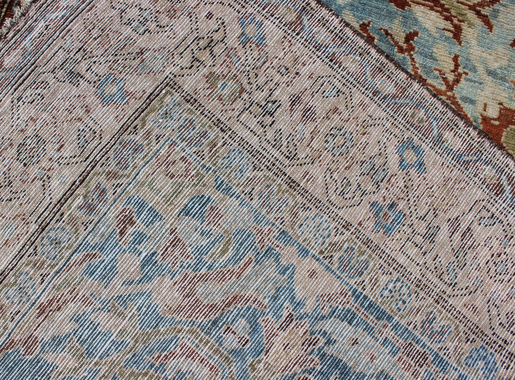 Intricate Floral Design Antique Persian Malayer Runner in Blue, Ivory, Peach For Sale 8