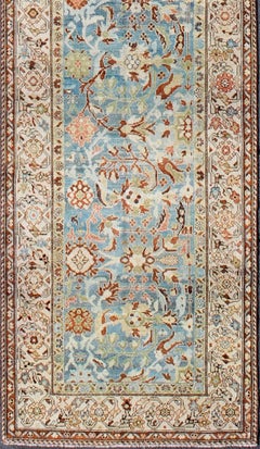 Intricate Floral Design Antique Persian Malayer Runner in Blue, Ivory, Peach